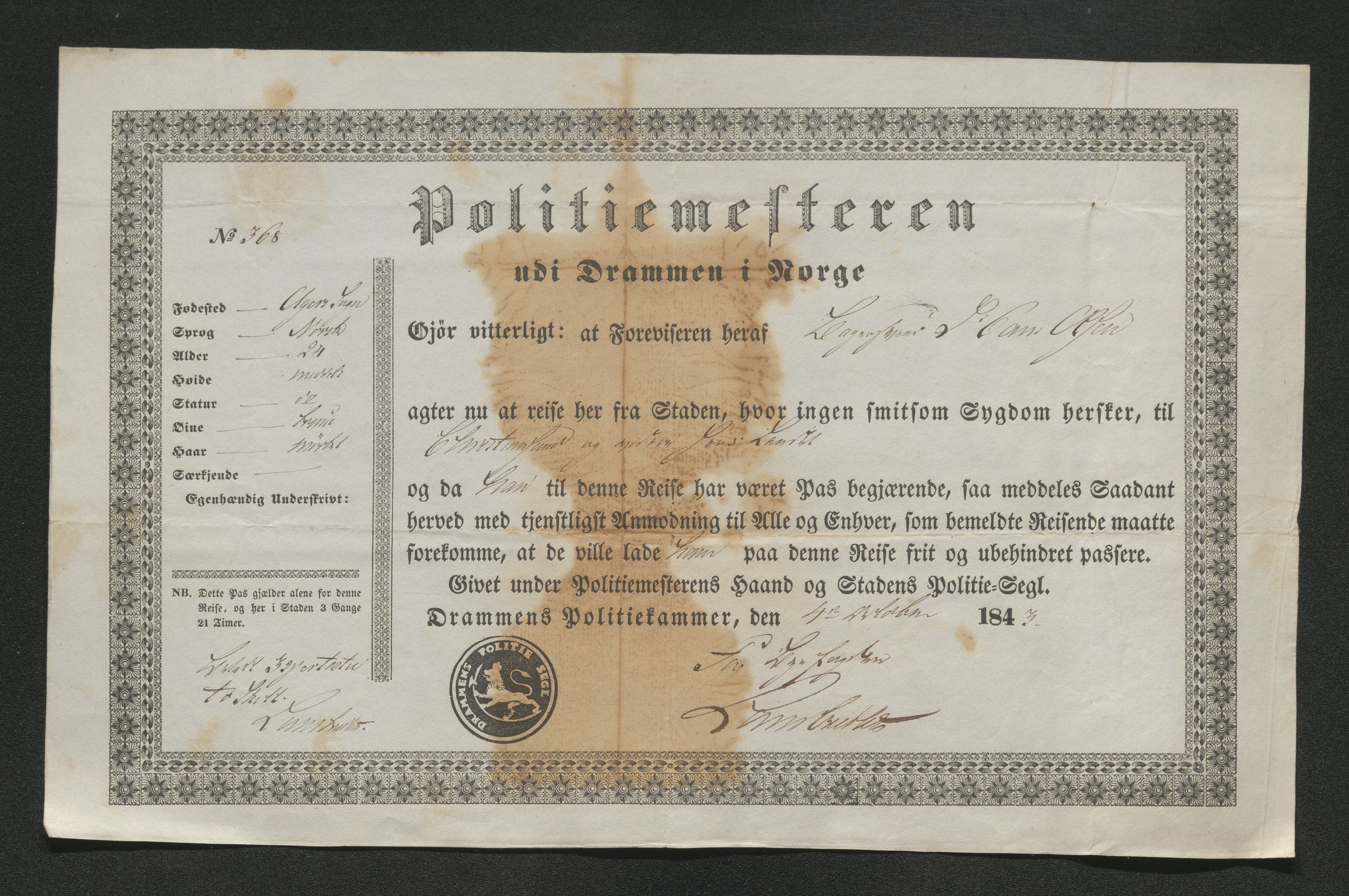 Drammen politikammer, SAKO/A-623/I/Ia/Iab/L0007: Innleverte pass, 1843-1844, p. 268