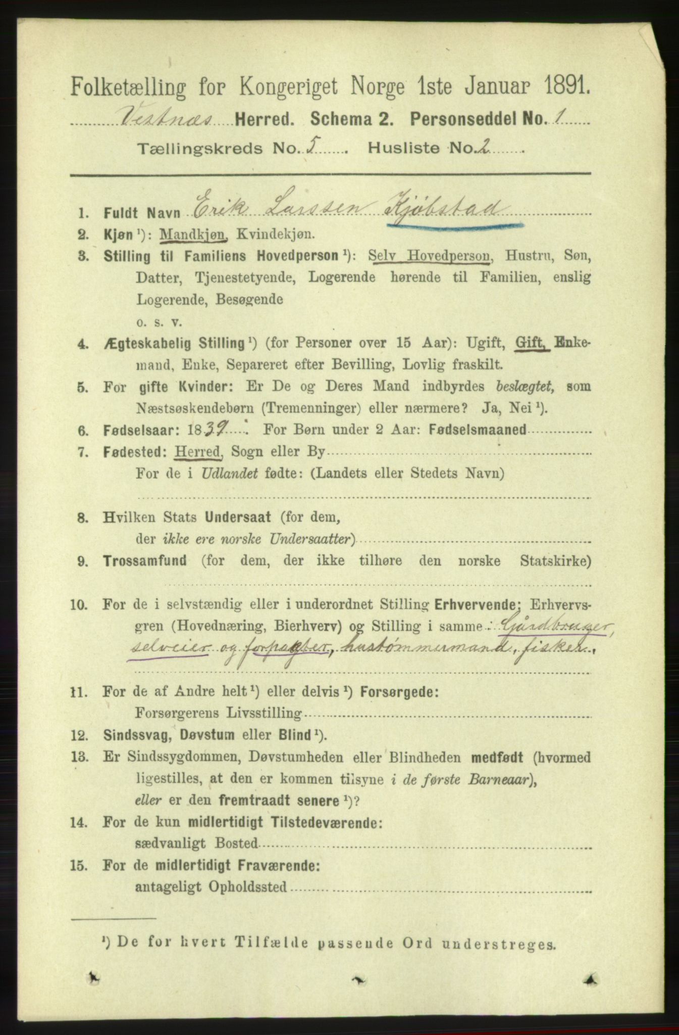 RA, 1891 census for 1535 Vestnes, 1891, p. 1832