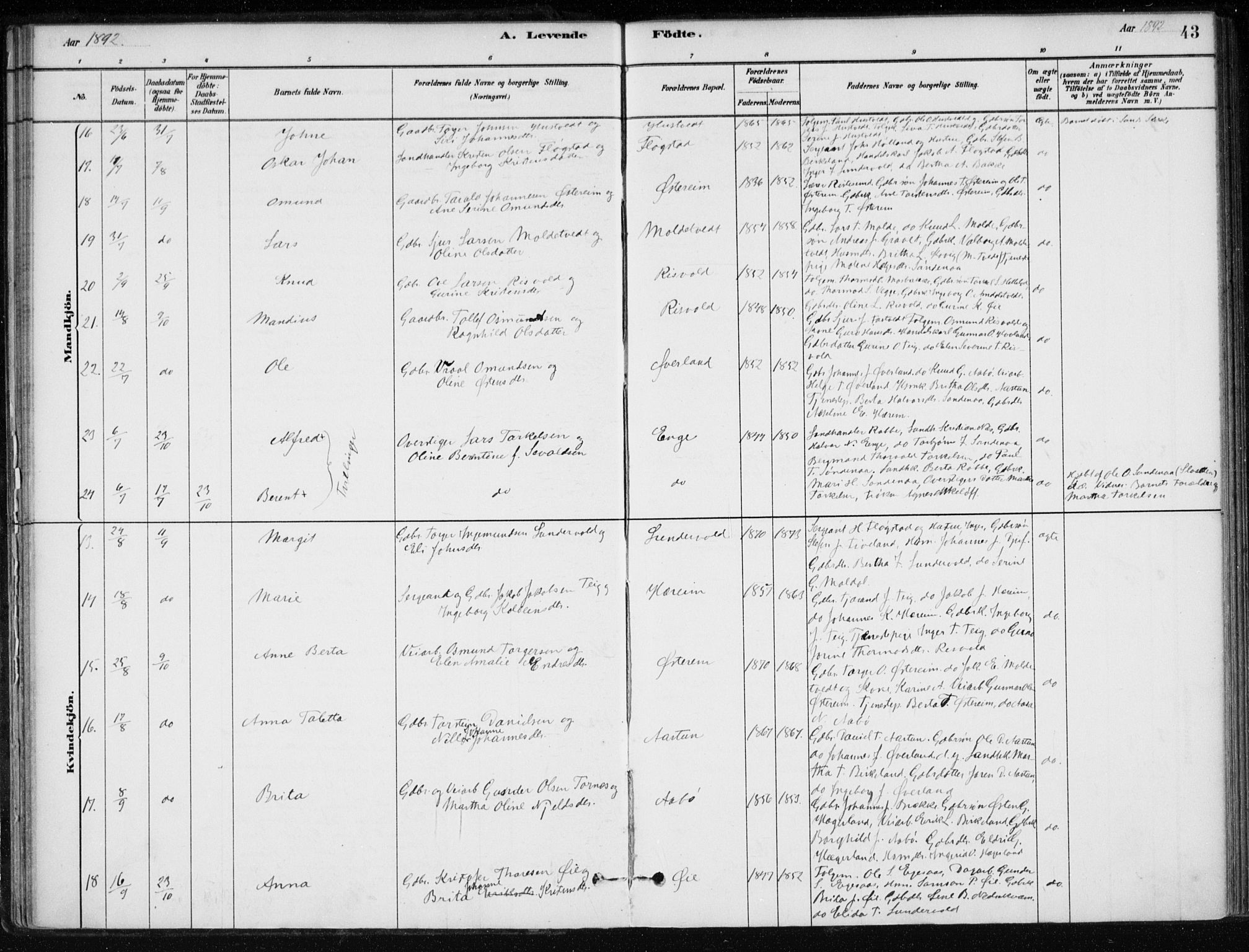 Sand sokneprestkontor, AV/SAST-A-101848/01/III/L0006: Parish register (official) no. A 6, 1880-1898, p. 43