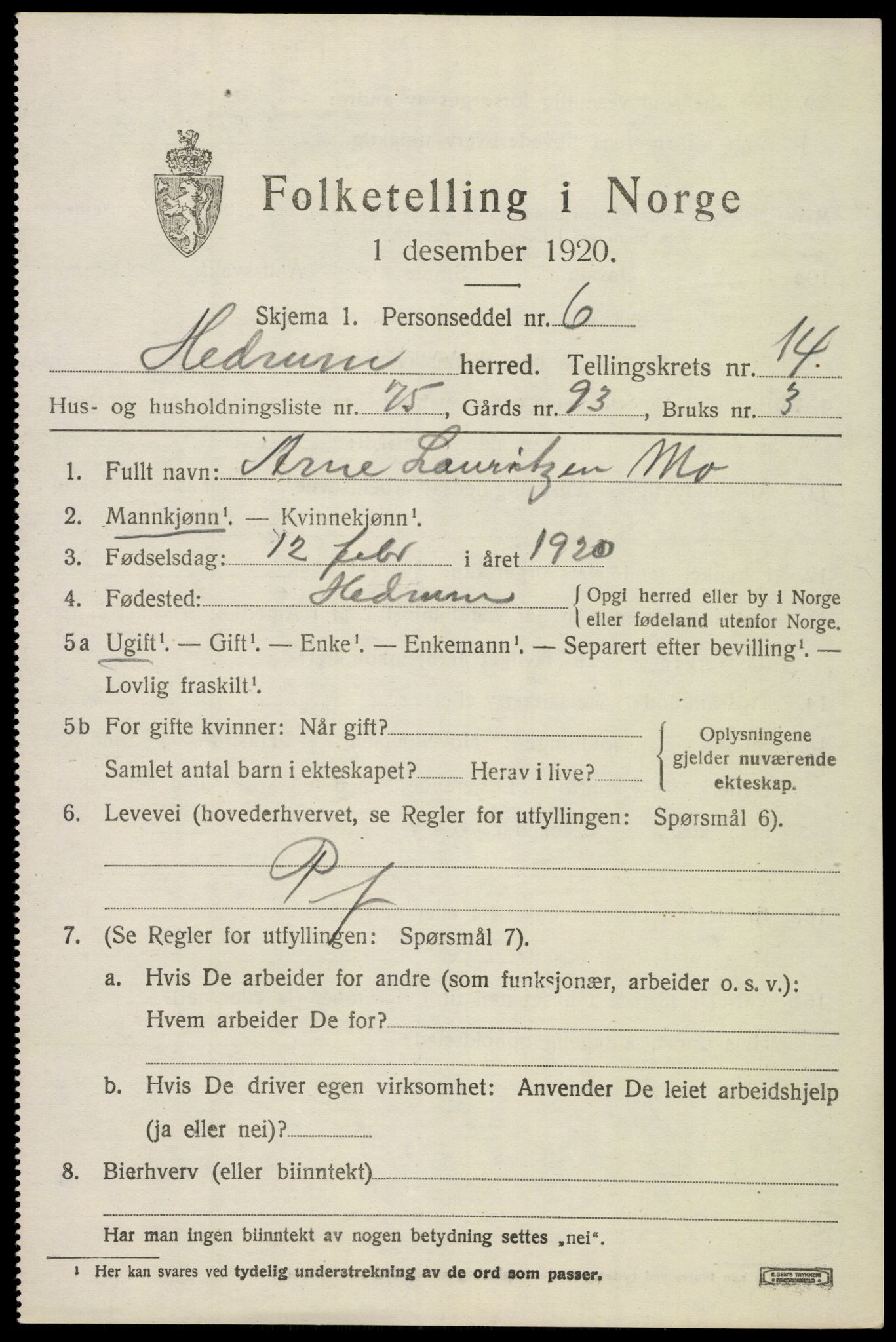 SAKO, 1920 census for Hedrum, 1920, p. 9869