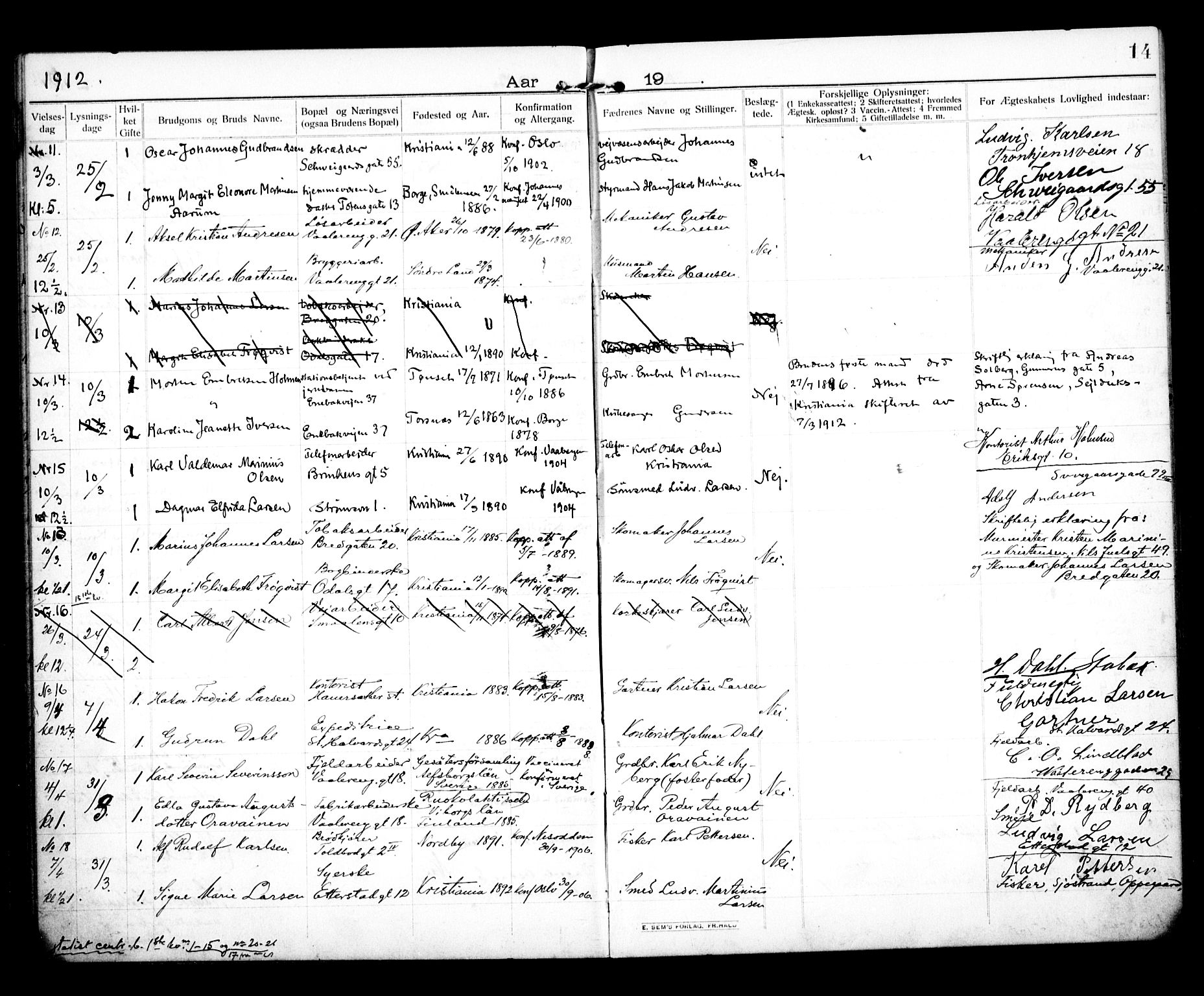 Vålerengen prestekontor Kirkebøker, SAO/A-10878/H/Ha/L0002: Banns register no. 2, 1910-1918, p. 14