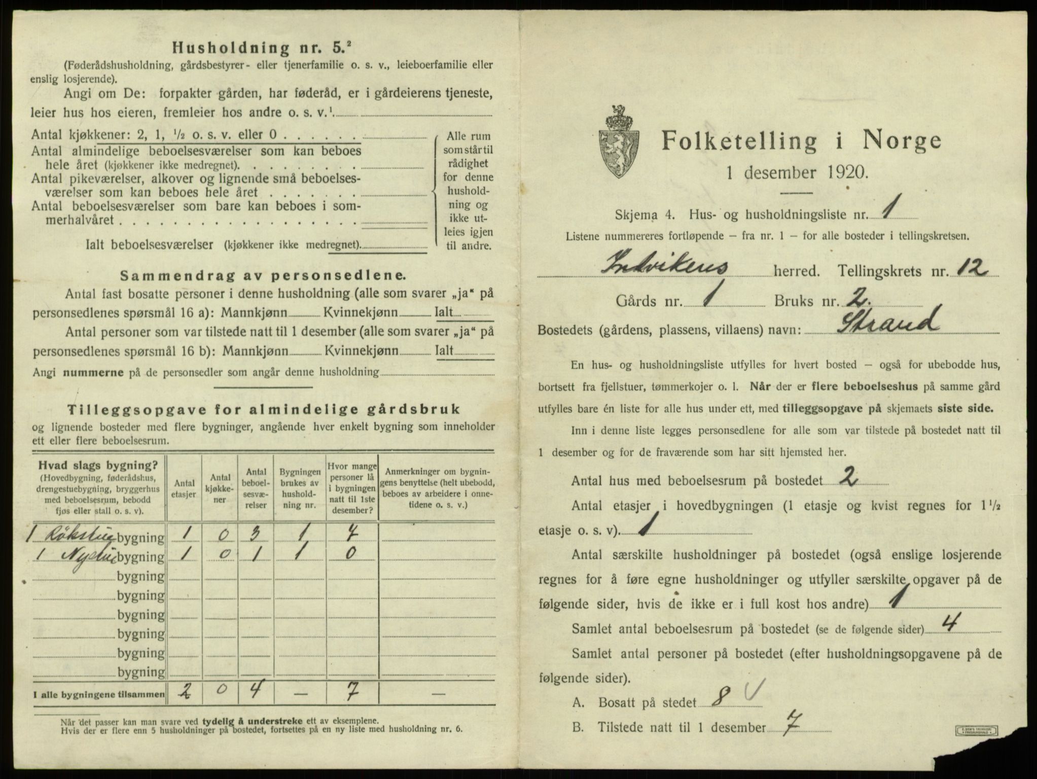 SAB, 1920 census for Innvik, 1920, p. 696