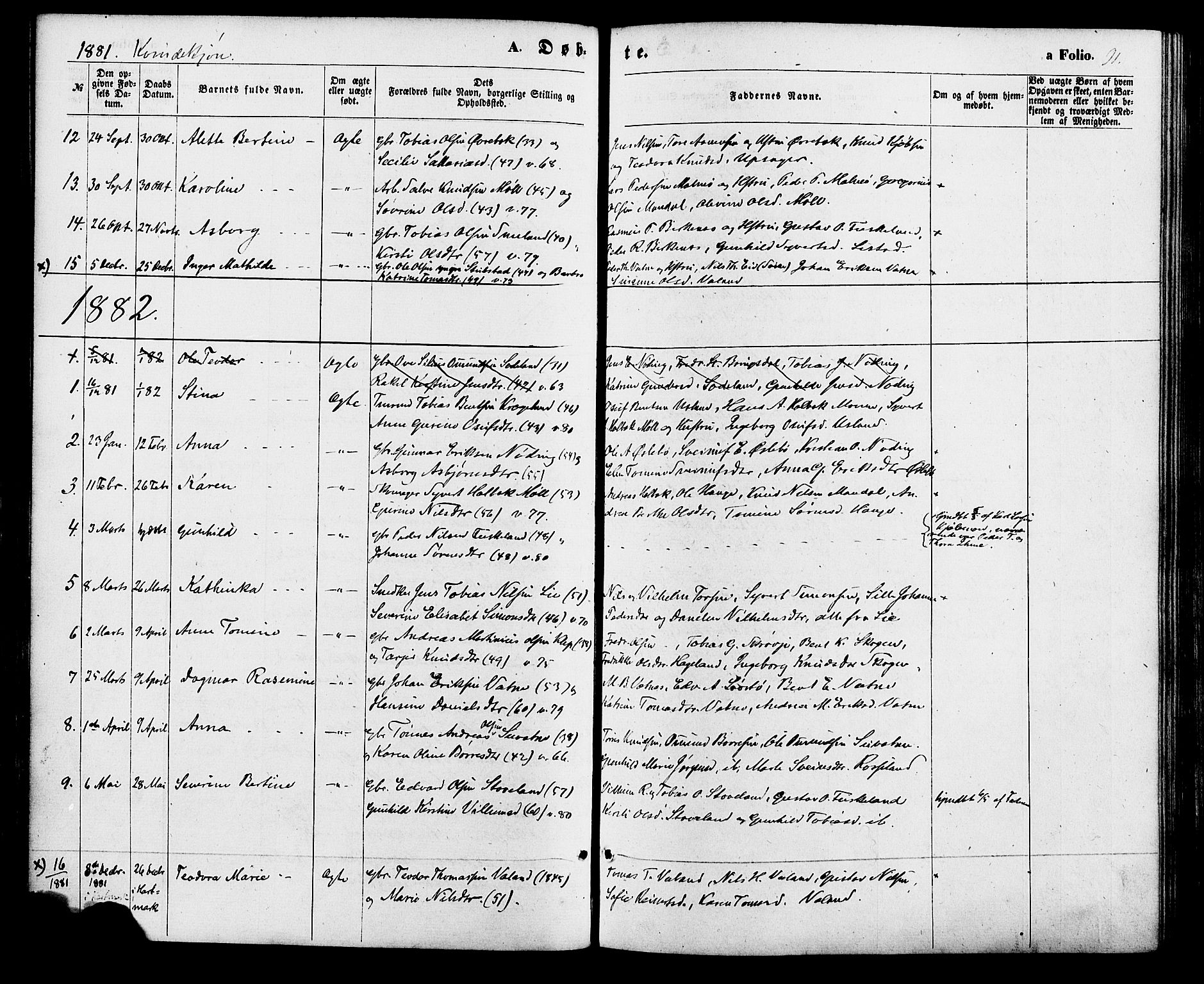 Holum sokneprestkontor, AV/SAK-1111-0022/F/Fa/Faa/L0006: Parish register (official) no. A 6, 1865-1883, p. 91