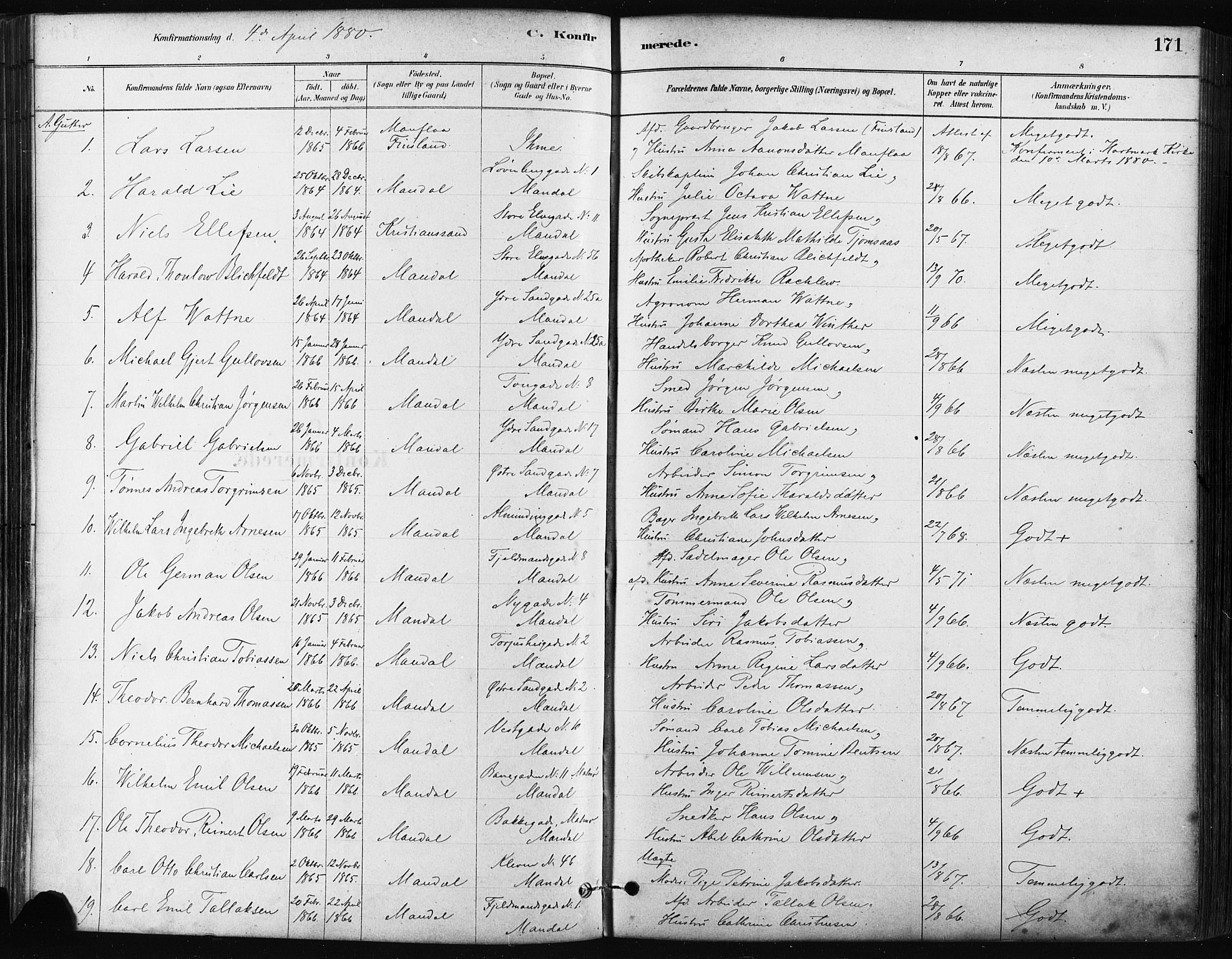 Mandal sokneprestkontor, SAK/1111-0030/F/Fa/Faa/L0016: Parish register (official) no. A 16, 1880-1890, p. 171