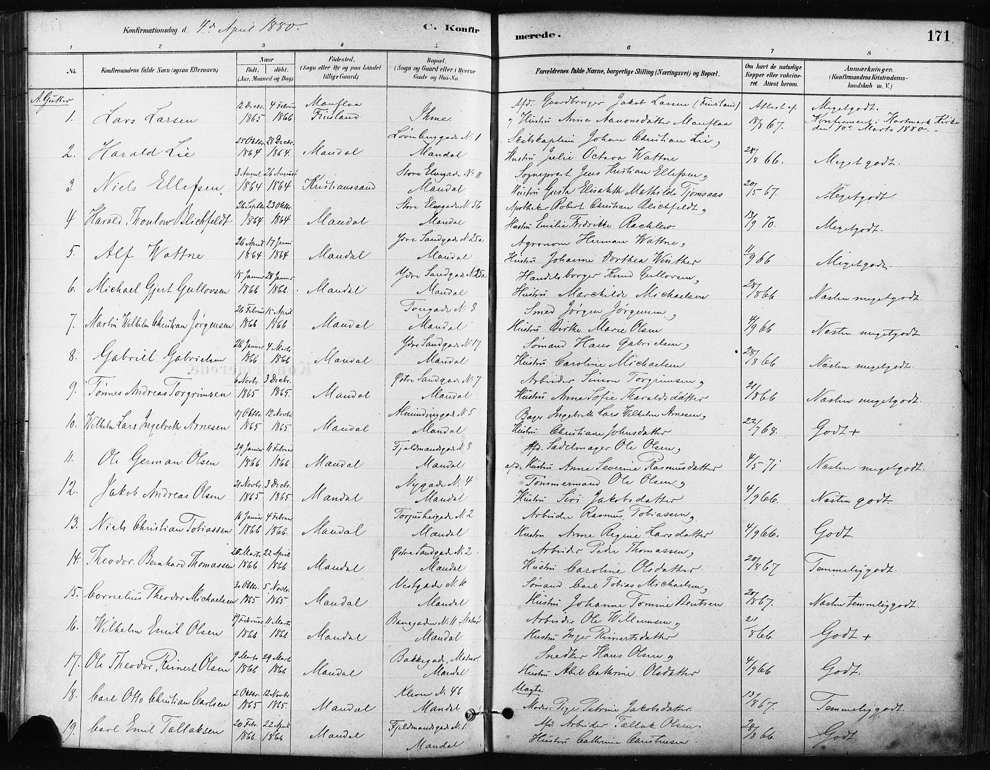 Mandal sokneprestkontor, AV/SAK-1111-0030/F/Fa/Faa/L0016: Parish register (official) no. A 16, 1880-1890, p. 171