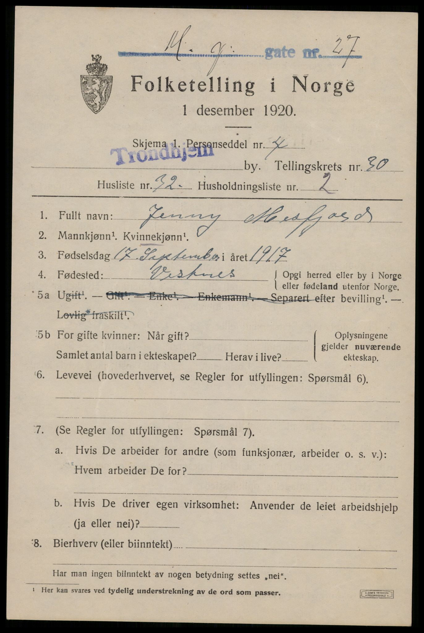 SAT, 1920 census for Trondheim, 1920, p. 74828