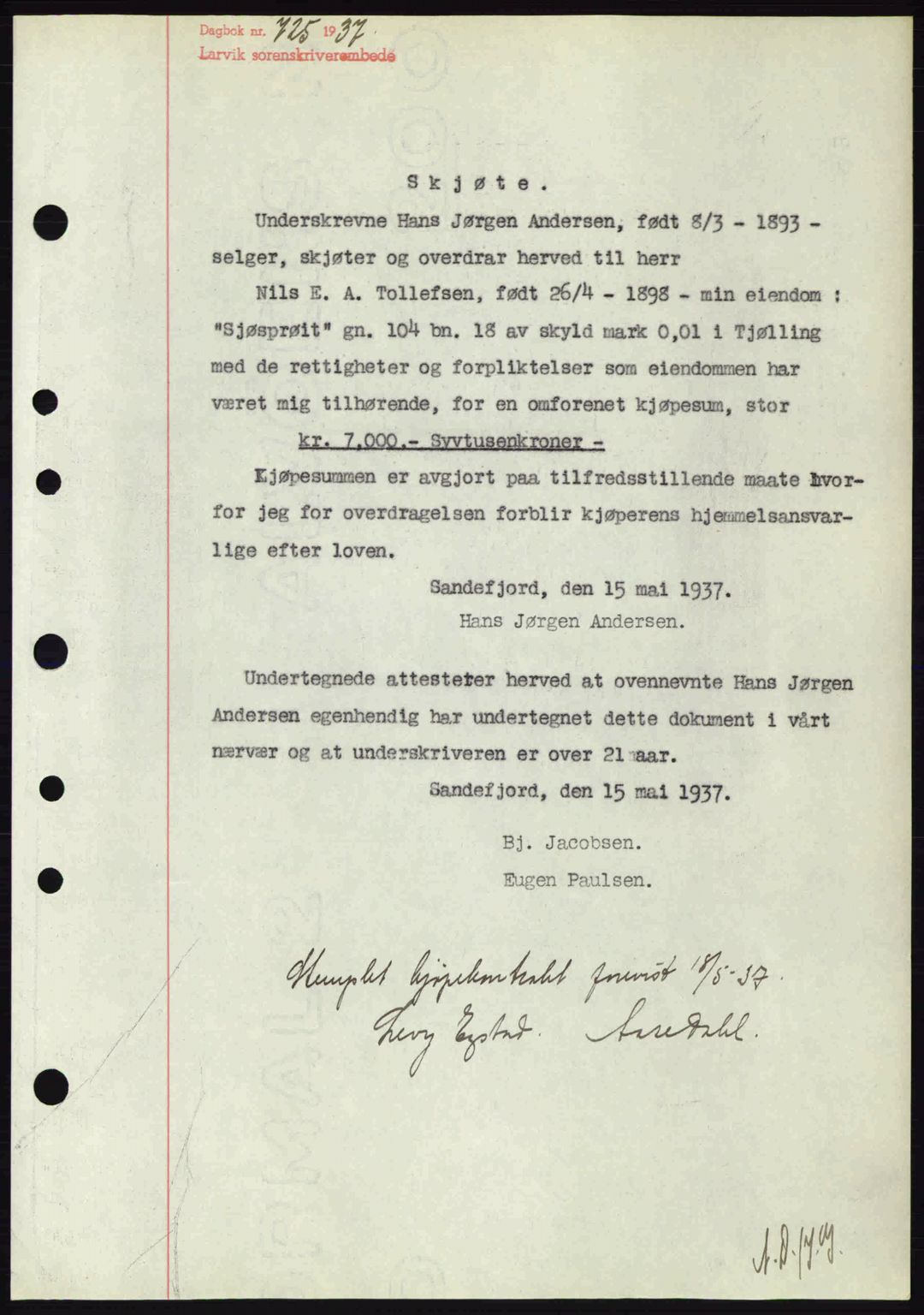 Larvik sorenskriveri, SAKO/A-83/G/Ga/Gab/L0067: Mortgage book no. A-1, 1936-1937, Diary no: : 725/1937