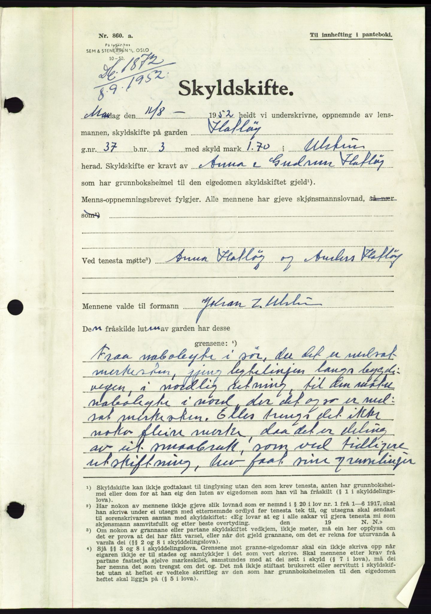 Søre Sunnmøre sorenskriveri, AV/SAT-A-4122/1/2/2C/L0093: Mortgage book no. 19A, 1952-1953, Diary no: : 1872/1952