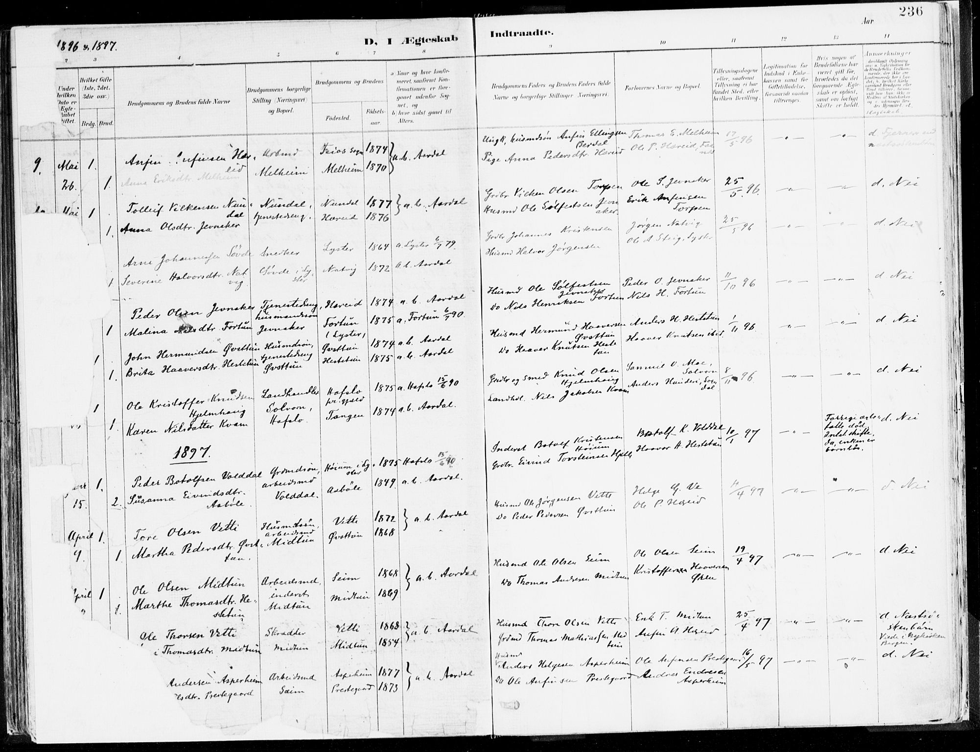 Årdal sokneprestembete, AV/SAB-A-81701: Parish register (official) no. A 5, 1887-1917, p. 236