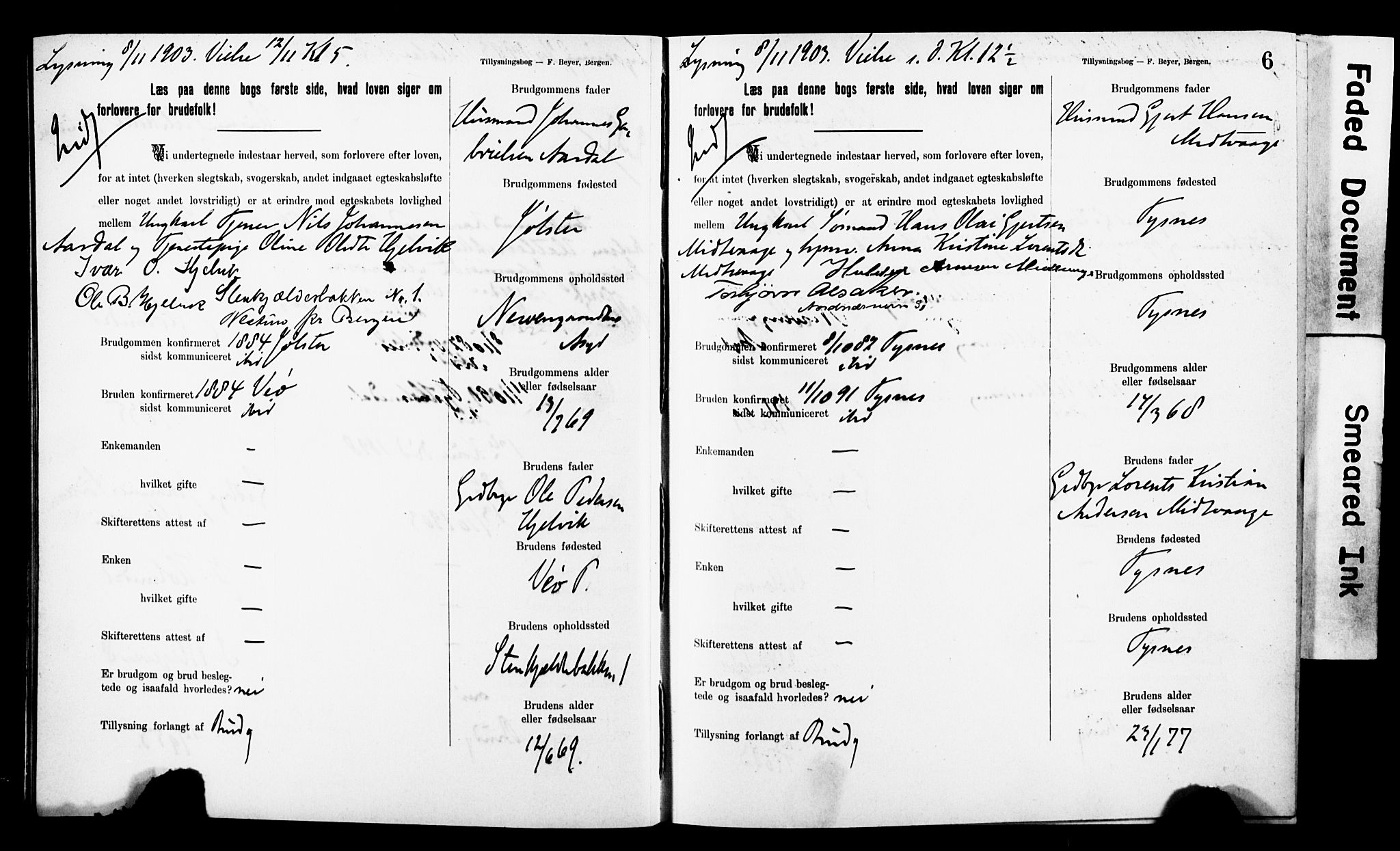 Korskirken sokneprestembete, AV/SAB-A-76101: Best man's statements no. II.5.8, 1903-1908, p. 6