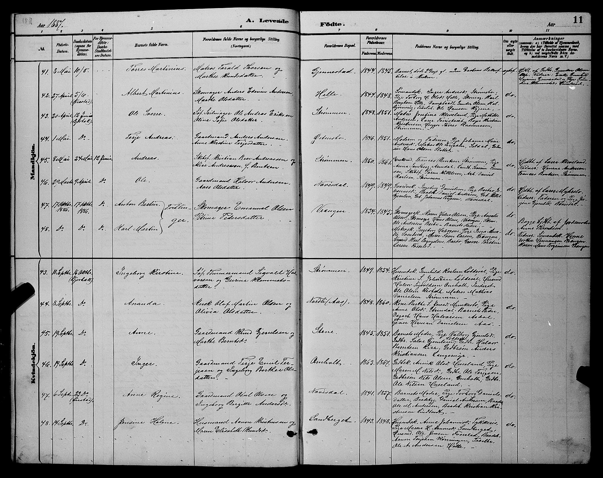 Øyestad sokneprestkontor, AV/SAK-1111-0049/F/Fb/L0009: Parish register (copy) no. B 9, 1886-1896, p. 11