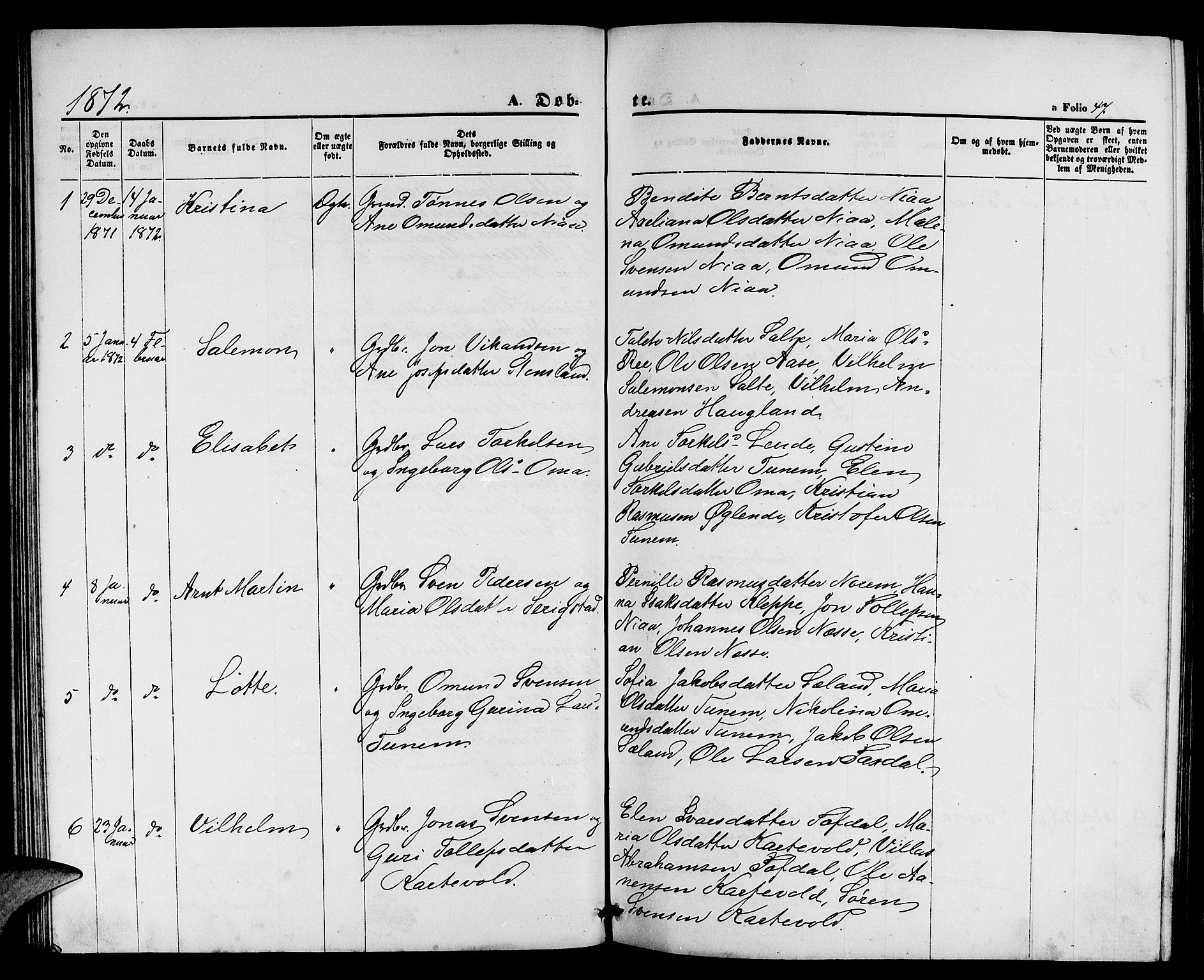 Lye sokneprestkontor, AV/SAST-A-101794/001/30BB/L0004: Parish register (copy) no. B 4, 1868-1878, p. 47