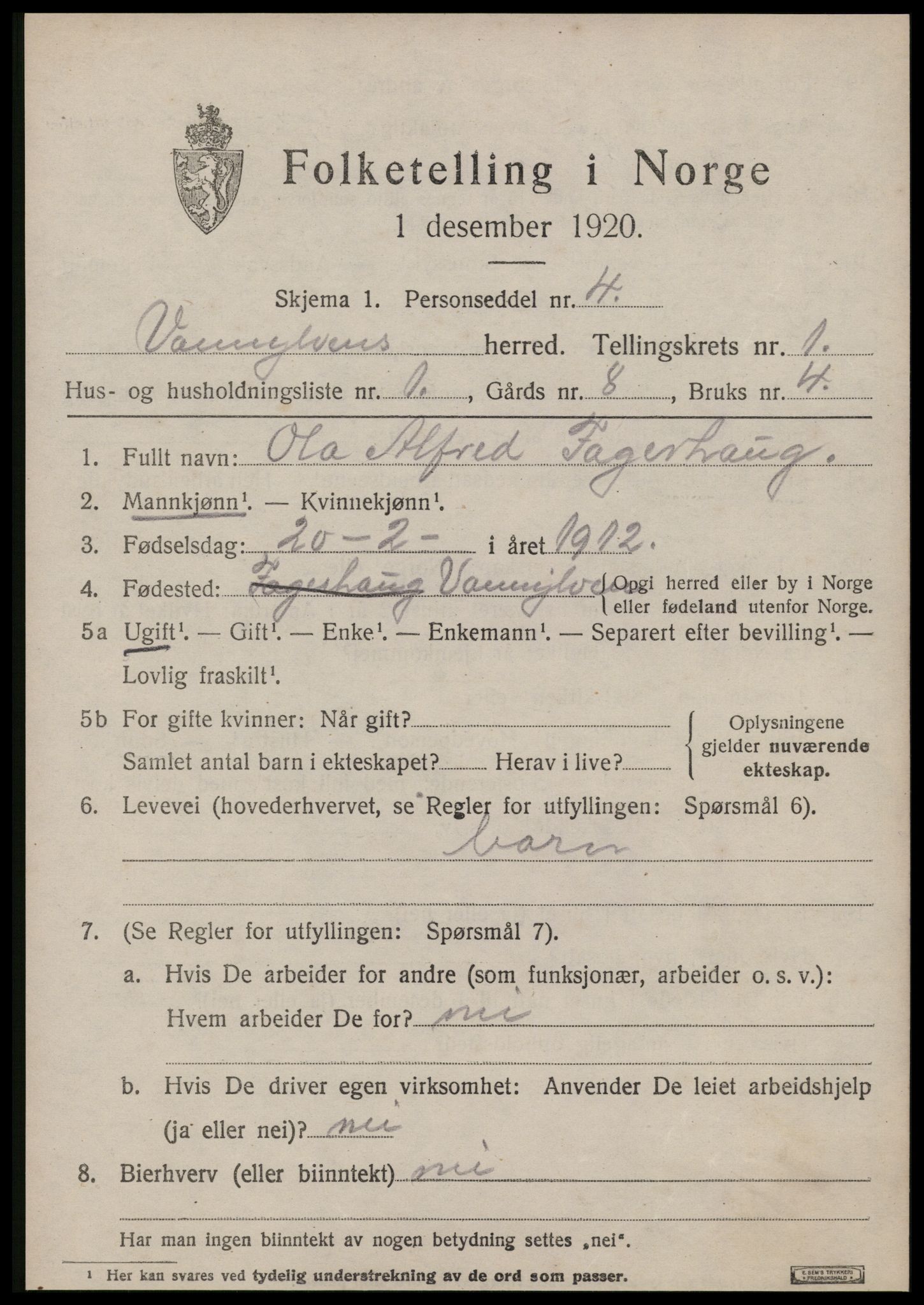 SAT, 1920 census for Vanylven, 1920, p. 663