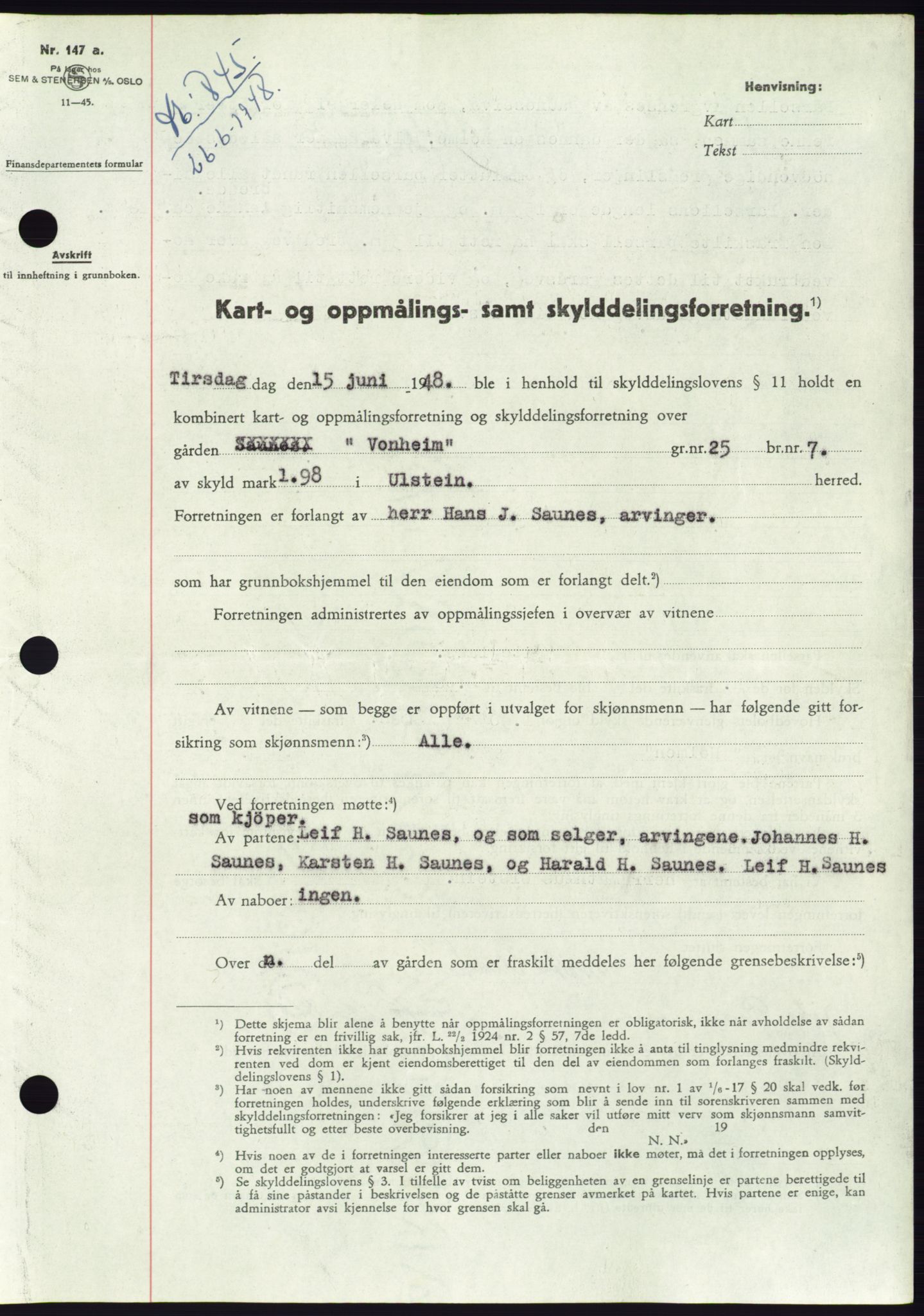 Søre Sunnmøre sorenskriveri, AV/SAT-A-4122/1/2/2C/L0082: Mortgage book no. 8A, 1948-1948, Diary no: : 845/1948