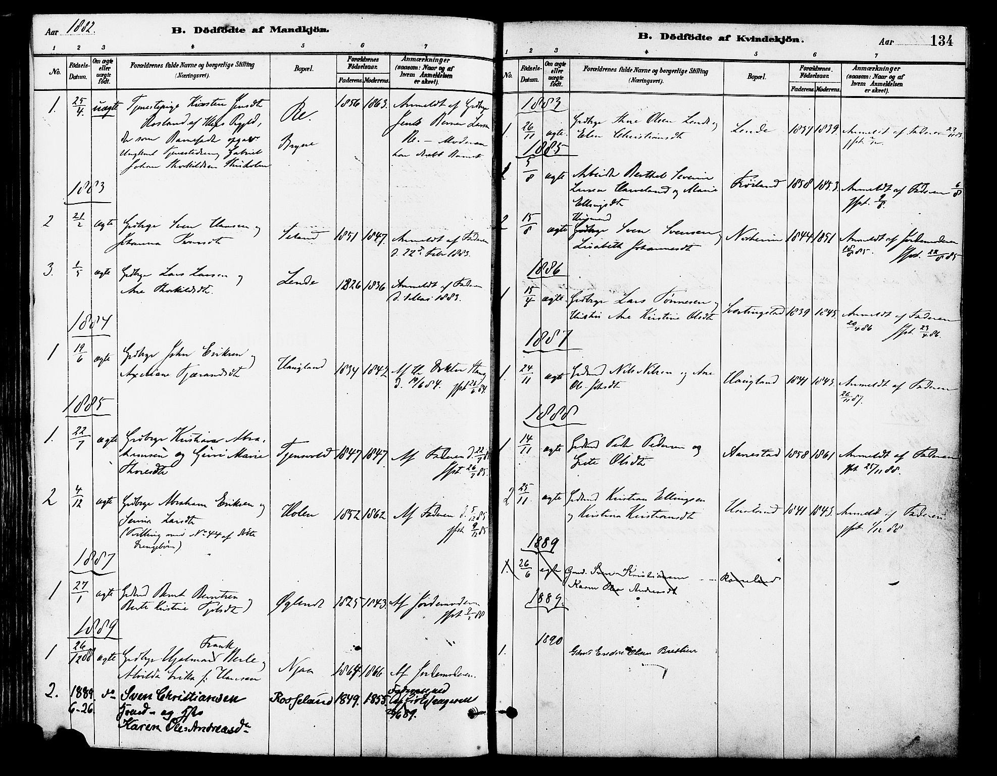 Lye sokneprestkontor, AV/SAST-A-101794/001/30BA/L0009: Parish register (official) no. A 8, 1881-1892, p. 134