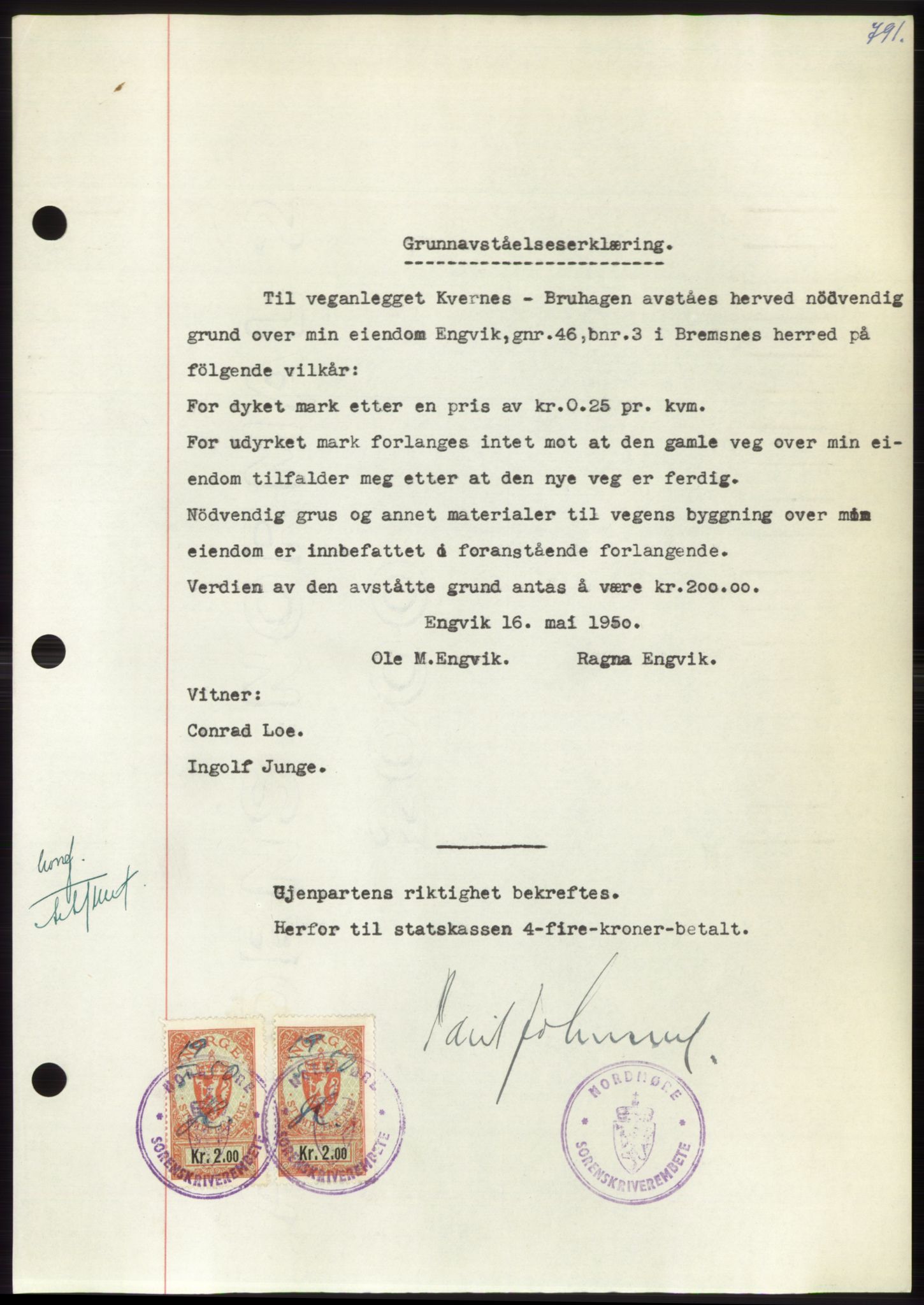 Nordmøre sorenskriveri, AV/SAT-A-4132/1/2/2Ca: Mortgage book no. B104, 1950-1950, Diary no: : 1527/1950