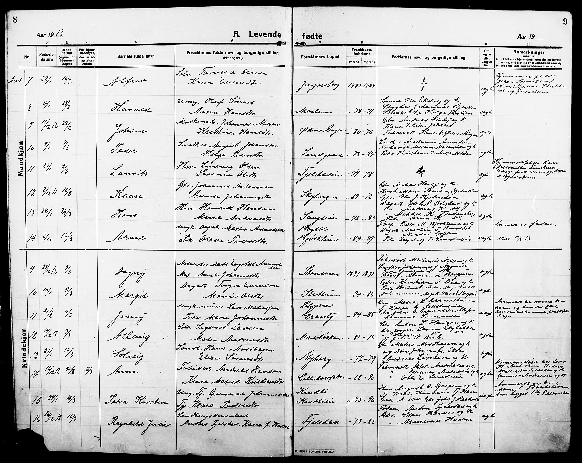 Ringsaker prestekontor, SAH/PREST-014/L/La/L0018: Parish register (copy) no. 18, 1913-1922, p. 8-9