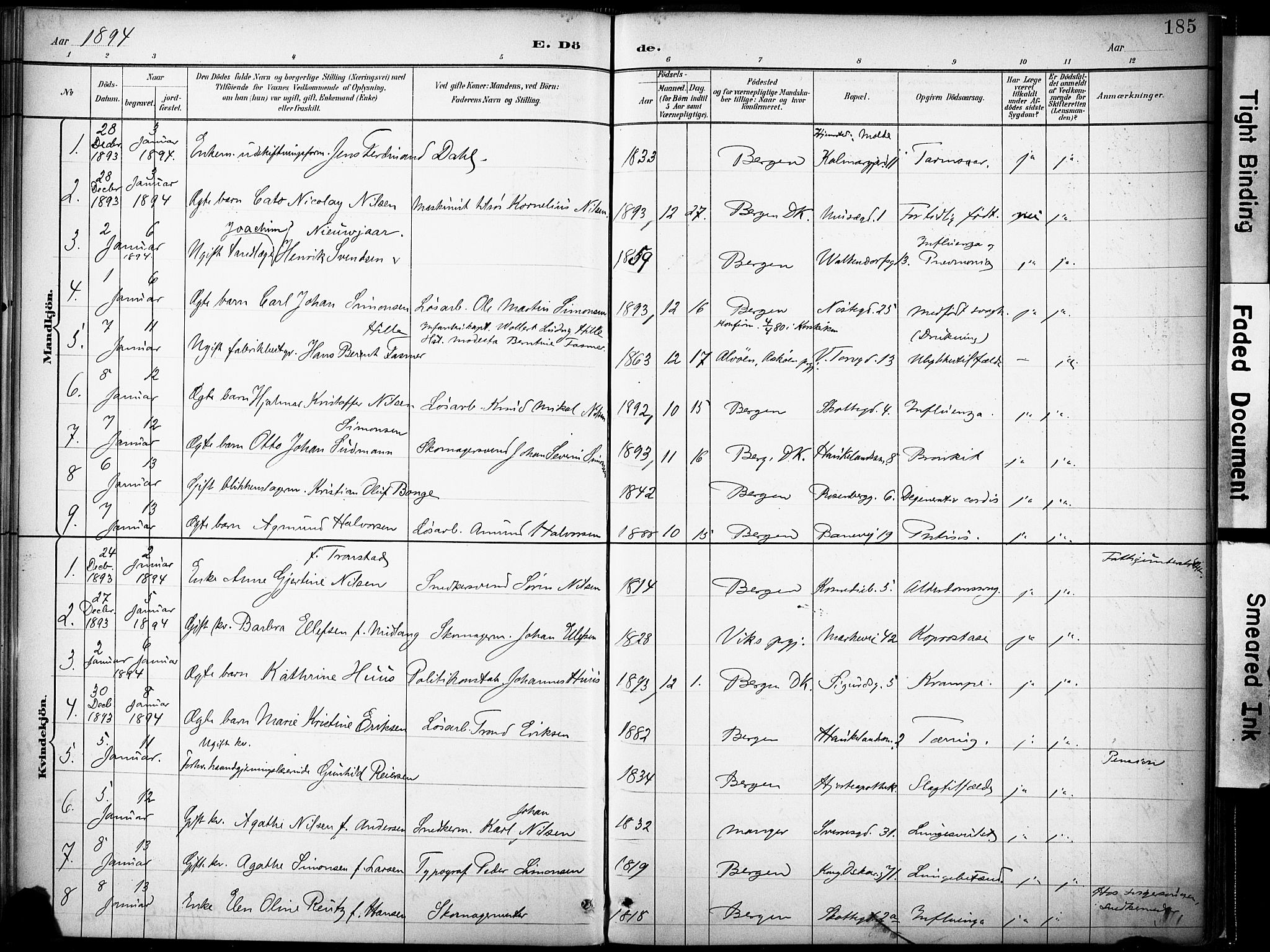 Domkirken sokneprestembete, SAB/A-74801/H/Haa/L0043: Parish register (official) no. E 5, 1882-1904, p. 185