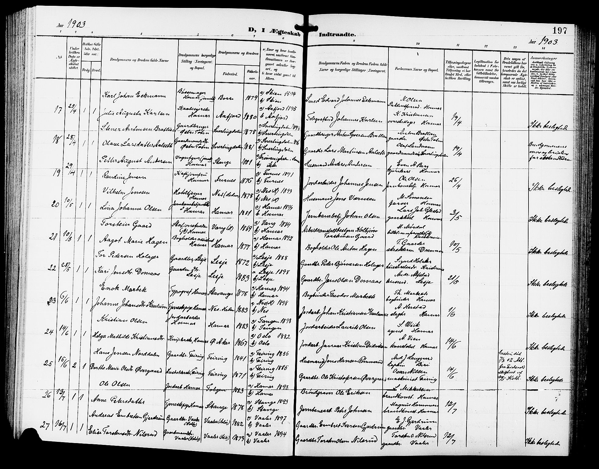 Hamar prestekontor, AV/SAH-DOMPH-002/H/Ha/Hab/L0001: Parish register (copy) no. 1, 1899-1914, p. 197