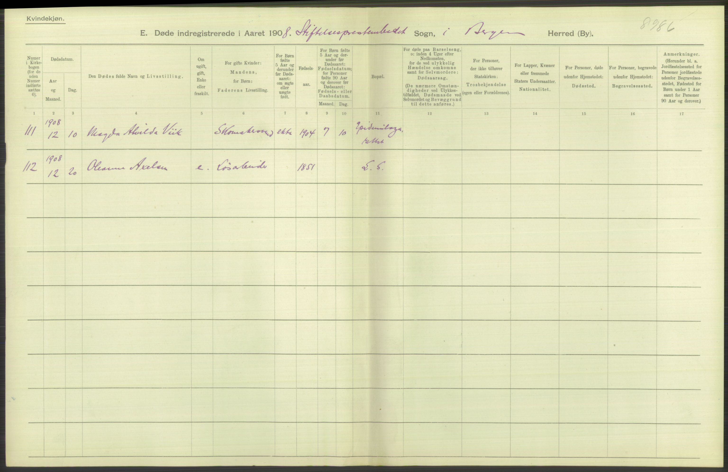 Statistisk sentralbyrå, Sosiodemografiske emner, Befolkning, AV/RA-S-2228/D/Df/Dfa/Dfaf/L0031: Bergen: Gifte, døde, dødfødte., 1908, p. 26