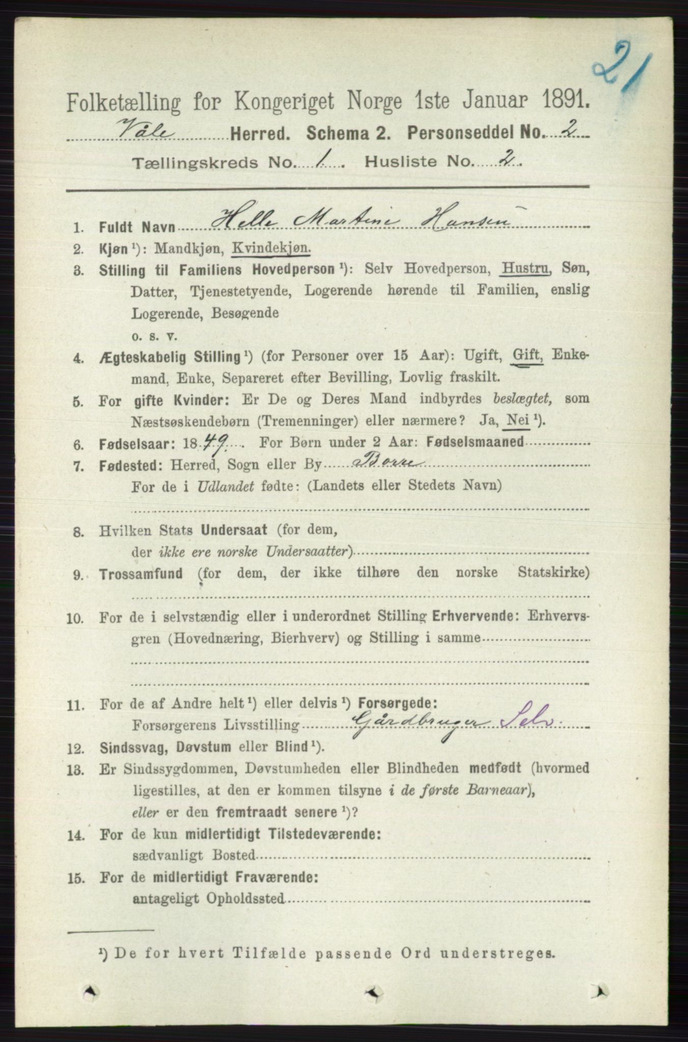 RA, 1891 census for 0716 Våle, 1891, p. 91