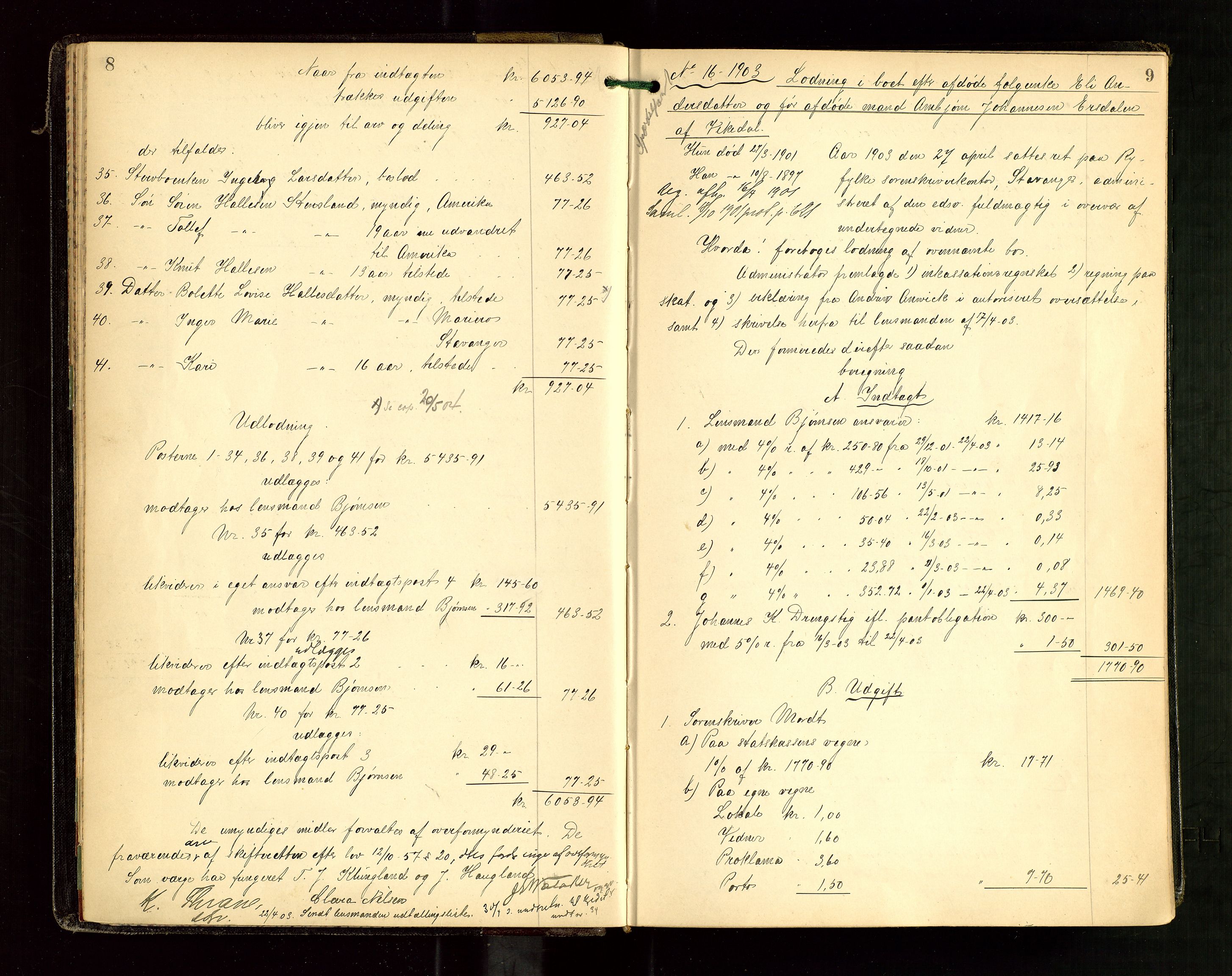 Ryfylke tingrett, AV/SAST-A-100055/001/IV/IVG/L0002: Skifteutlodningsprotokoll Med register, 1903-1907, p. 8-9