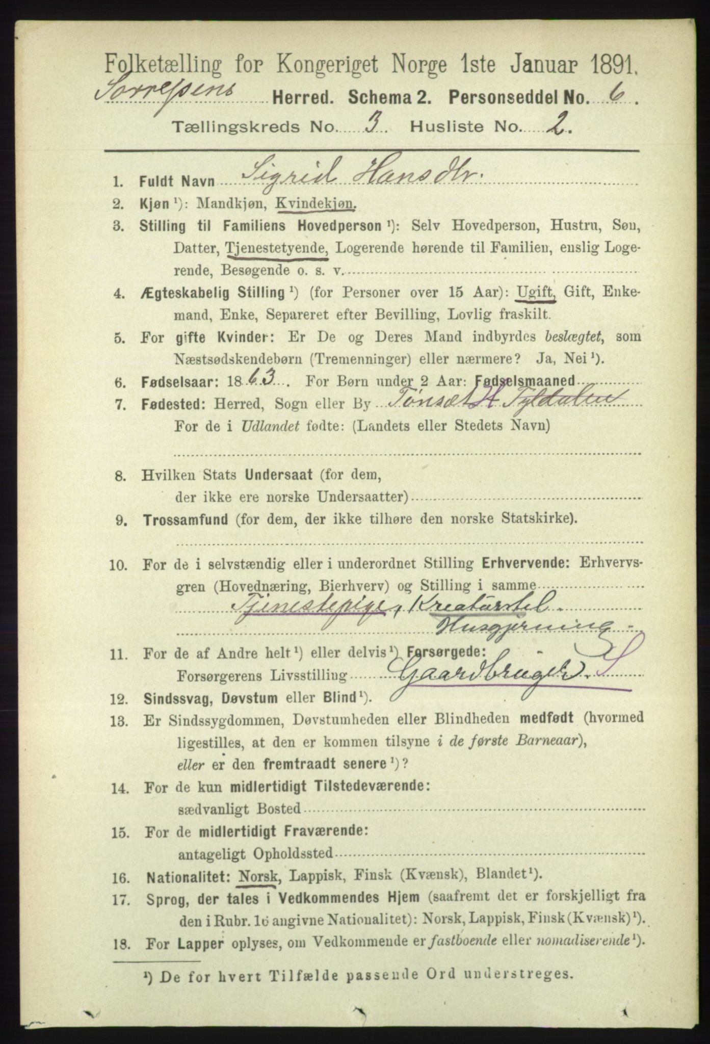 RA, 1891 census for 1925 Sørreisa, 1891, p. 695