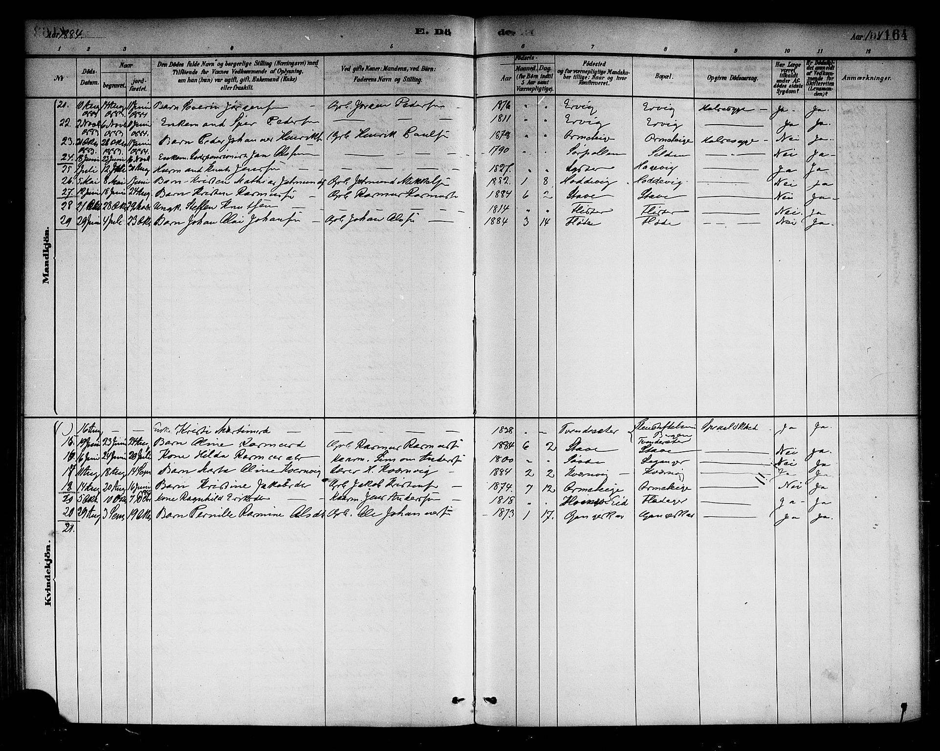 Selje sokneprestembete, SAB/A-99938/H/Ha/Haa/Haab: Parish register (official) no. B 1, 1881-1890, p. 164