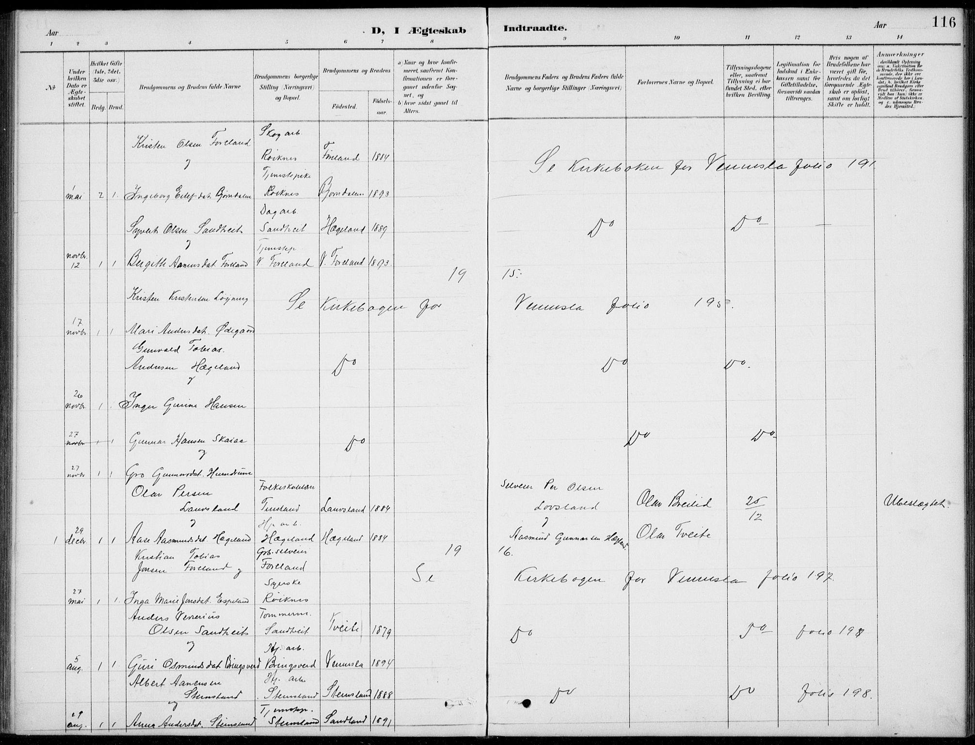 Vennesla sokneprestkontor, AV/SAK-1111-0045/Fb/Fba/L0003: Parish register (copy) no. B 3, 1890-1919, p. 116