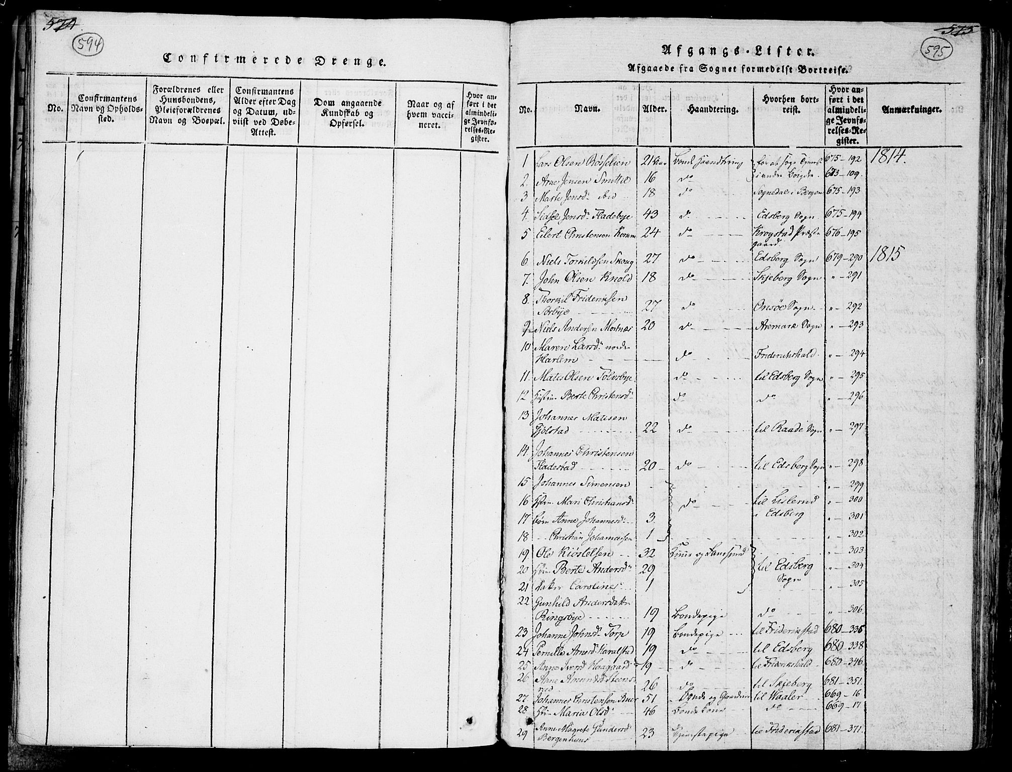 Rakkestad prestekontor Kirkebøker, SAO/A-2008/F/Fa/L0006: Parish register (official) no. I 6, 1814-1824, p. 594-595