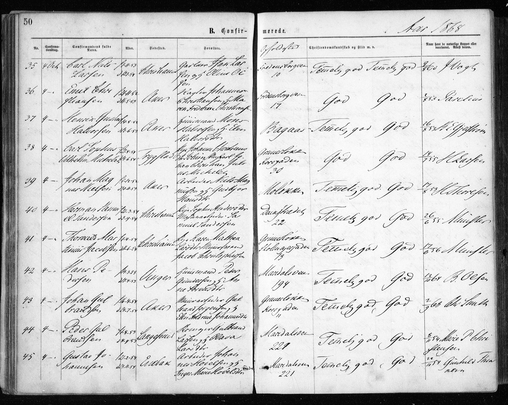 Gamle Aker prestekontor Kirkebøker, SAO/A-10617a/F/L0003: Parish register (official) no. 3, 1865-1873, p. 50