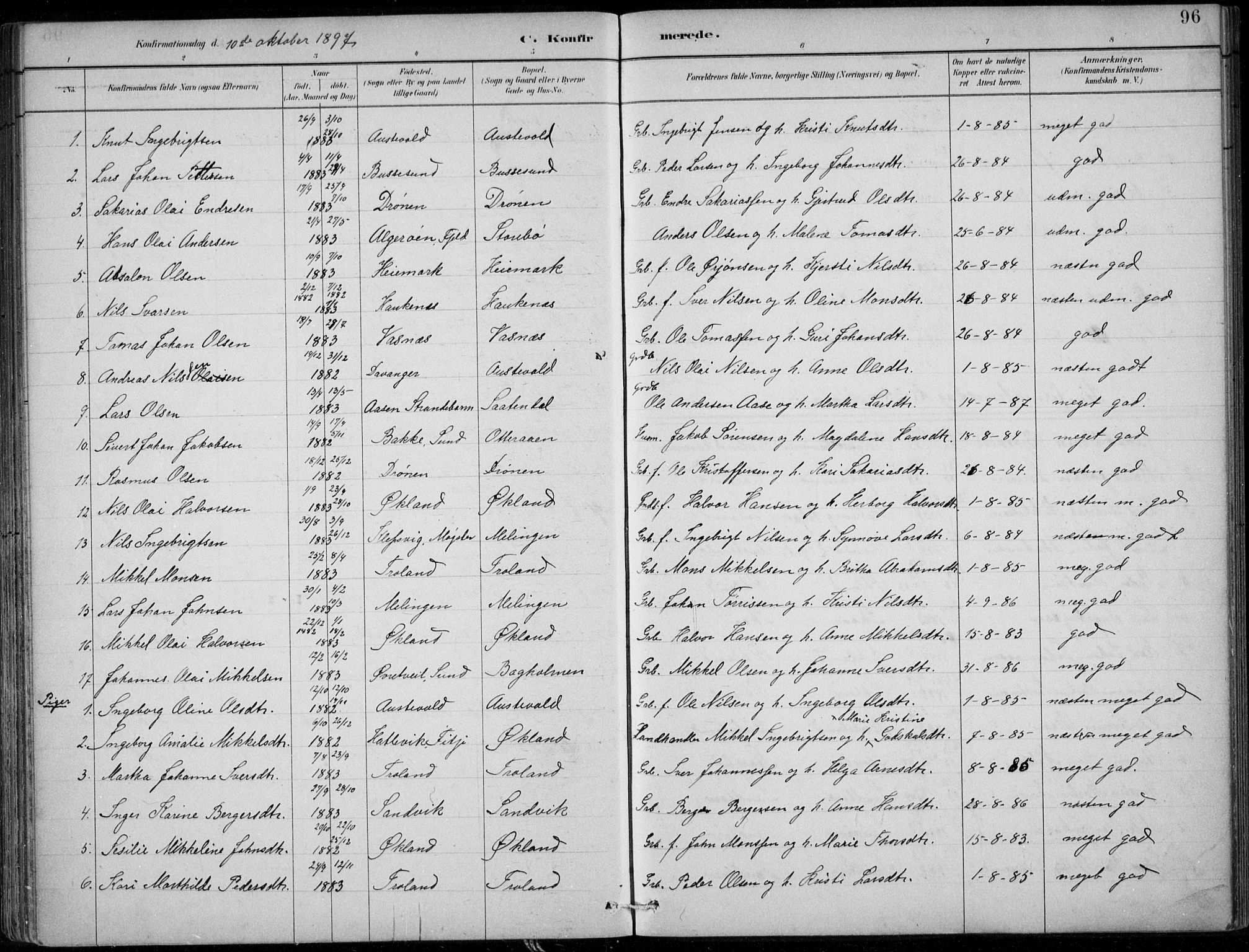 Sund sokneprestembete, SAB/A-99930: Parish register (official) no. C  1, 1882-1899, p. 96