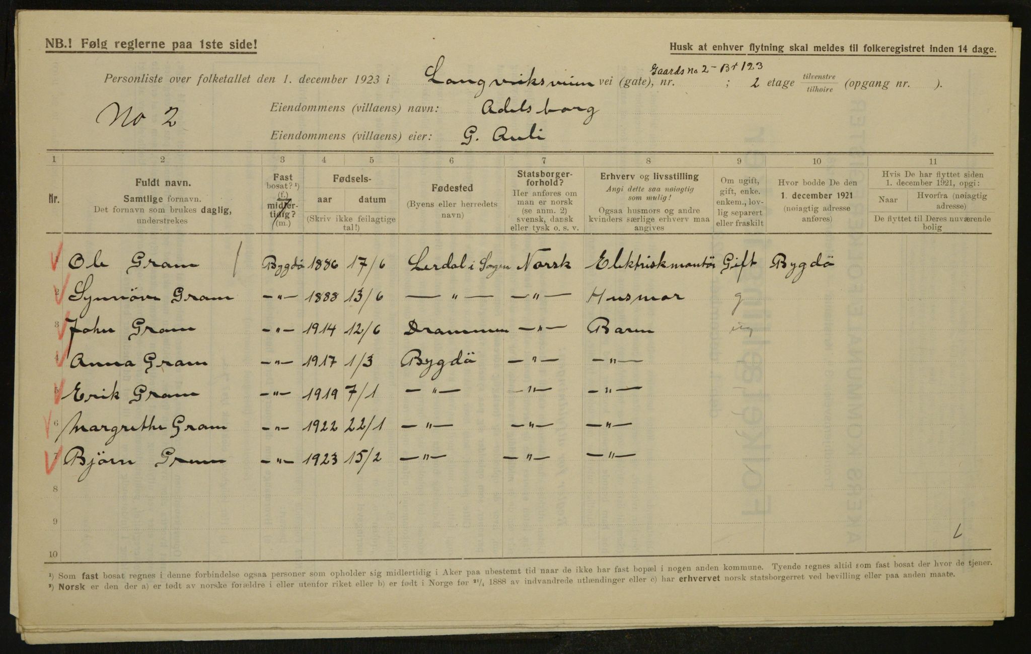 , Municipal Census 1923 for Aker, 1923, p. 3384