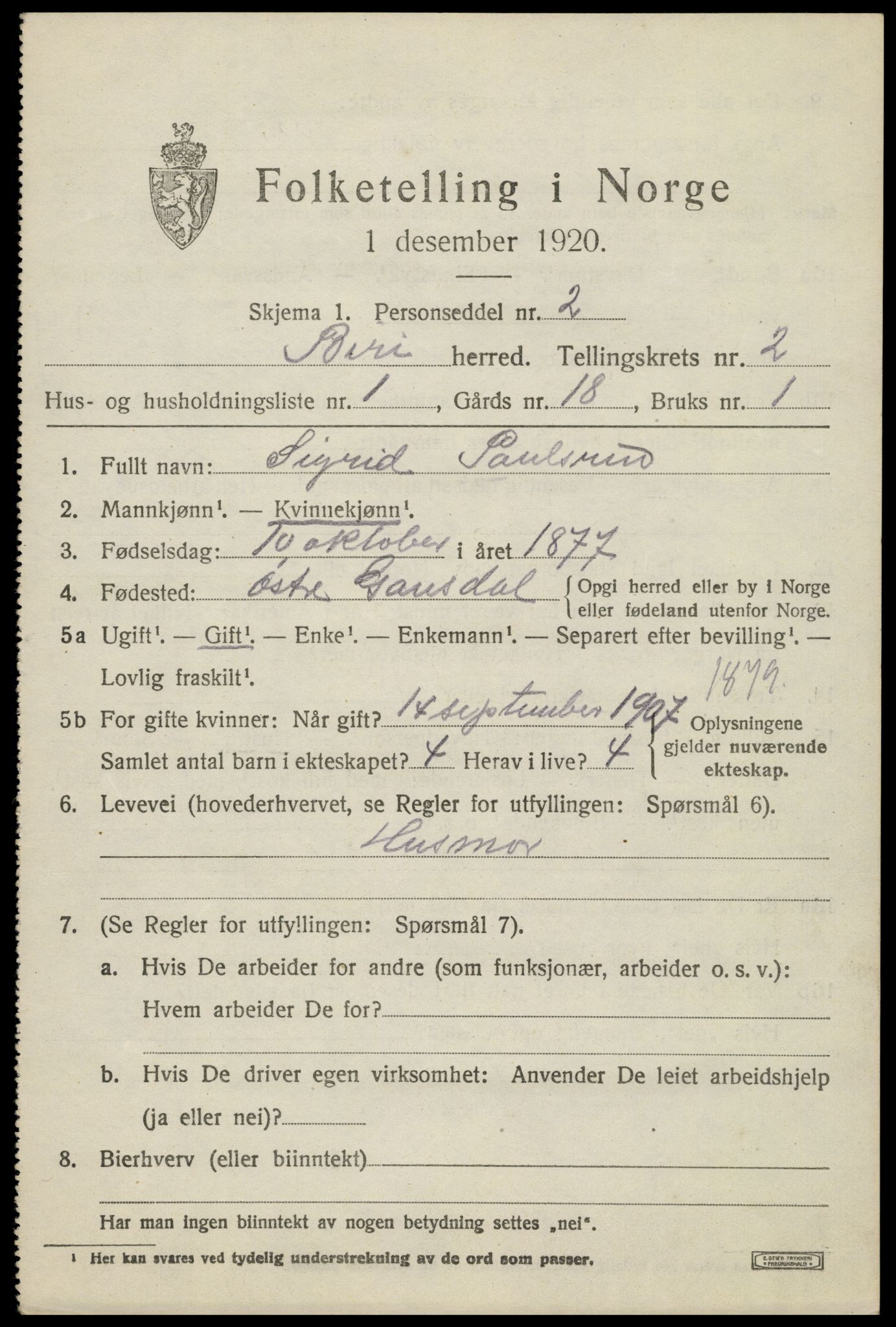 SAH, 1920 census for Biri, 1920, p. 2027