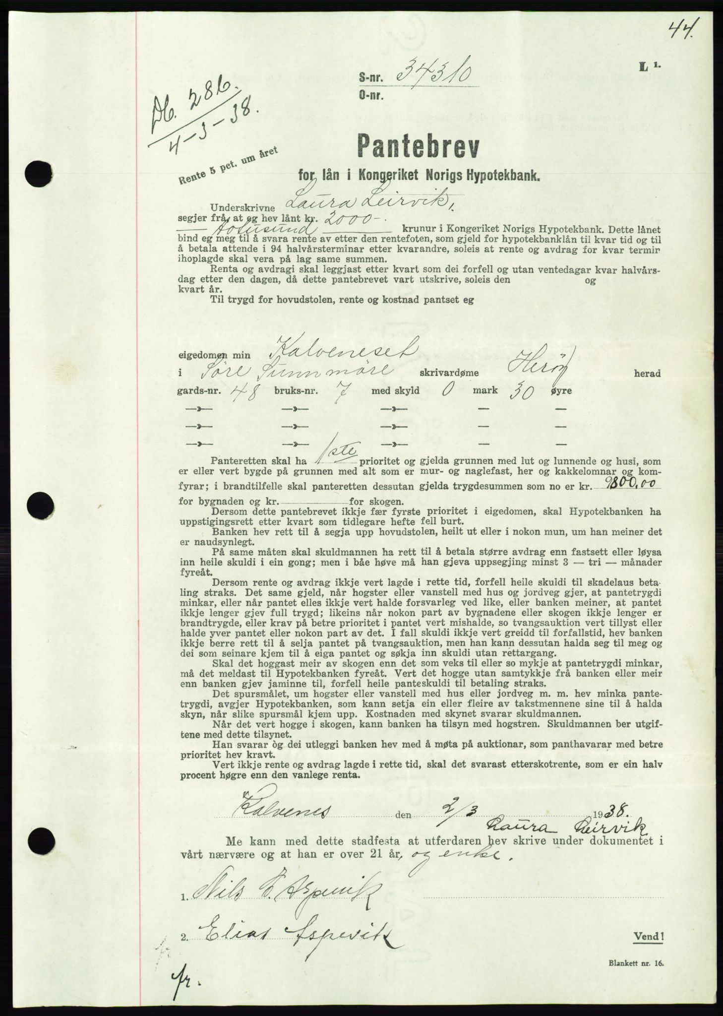 Søre Sunnmøre sorenskriveri, AV/SAT-A-4122/1/2/2C/L0065: Mortgage book no. 59, 1938-1938, Diary no: : 286/1938