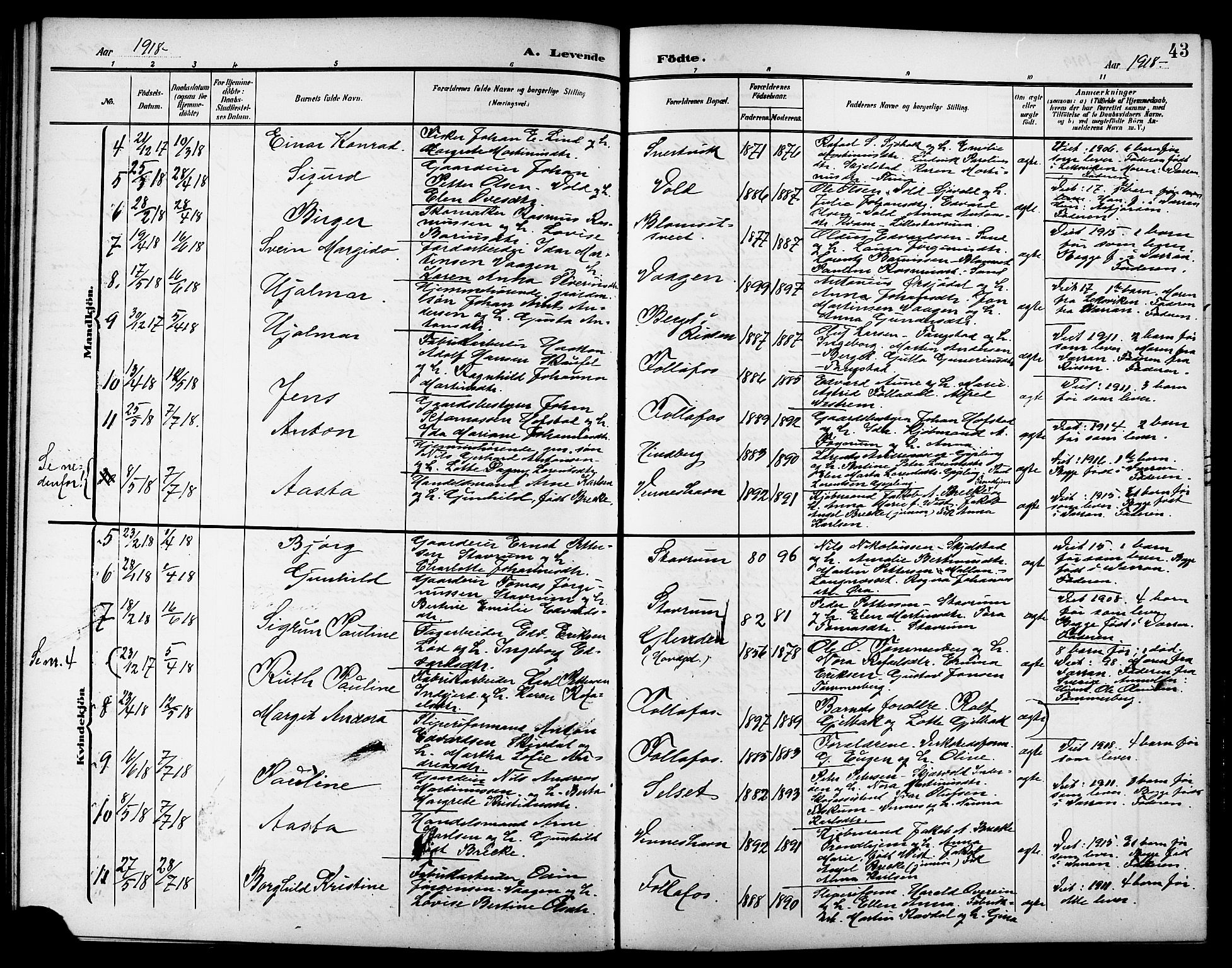 Ministerialprotokoller, klokkerbøker og fødselsregistre - Nord-Trøndelag, SAT/A-1458/744/L0424: Parish register (copy) no. 744C03, 1906-1923, p. 43