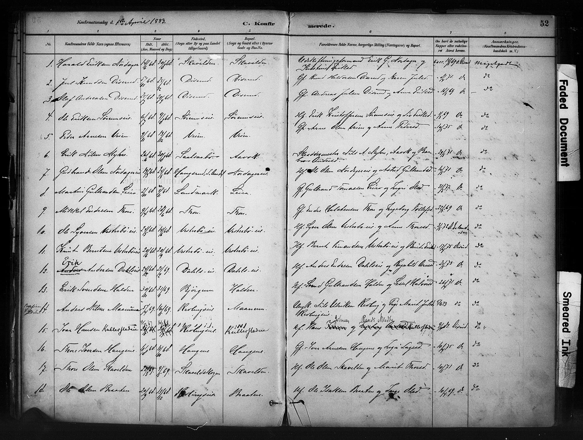 Nord-Aurdal prestekontor, AV/SAH-PREST-132/H/Ha/Haa/L0013: Parish register (official) no. 13, 1883-1895, p. 52