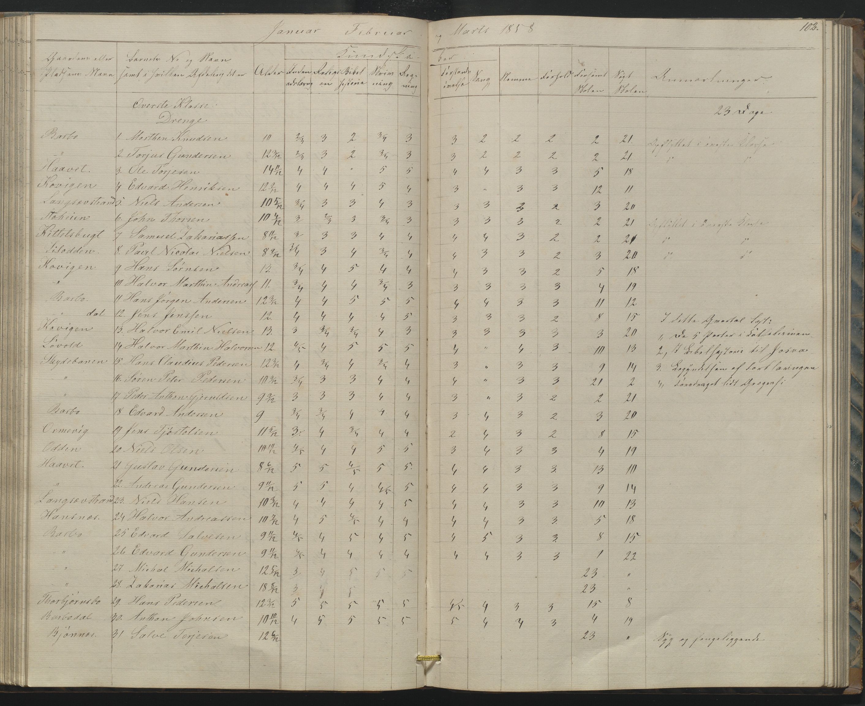 Arendal kommune, Katalog I, AAKS/KA0906-PK-I/07/L0158: Skoleprotokoll for "Barboe faste skole", 1851-1862, p. 102