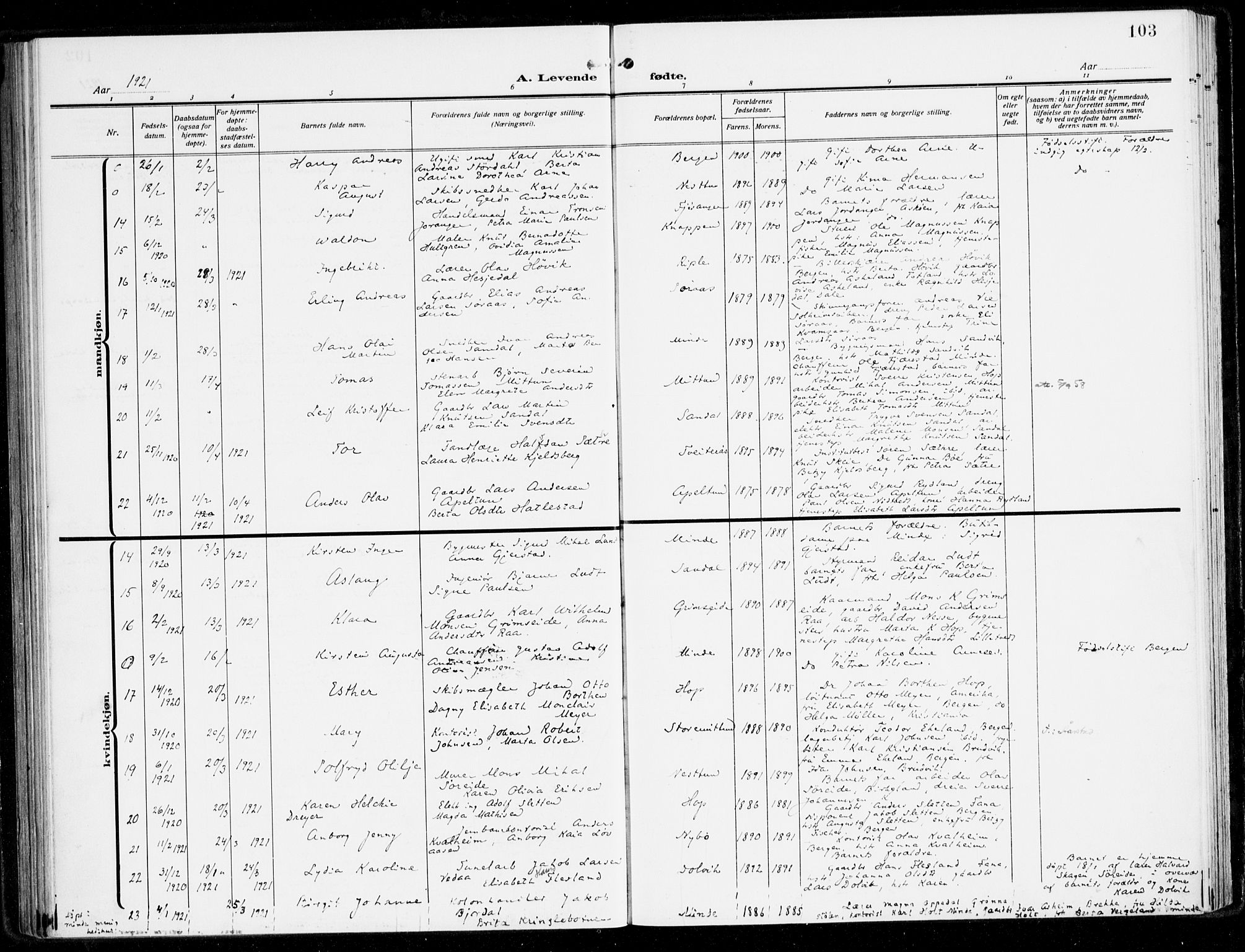 Fana Sokneprestembete, SAB/A-75101/H/Haa/Haai/L0004: Parish register (official) no. I 4, 1912-1933, p. 103