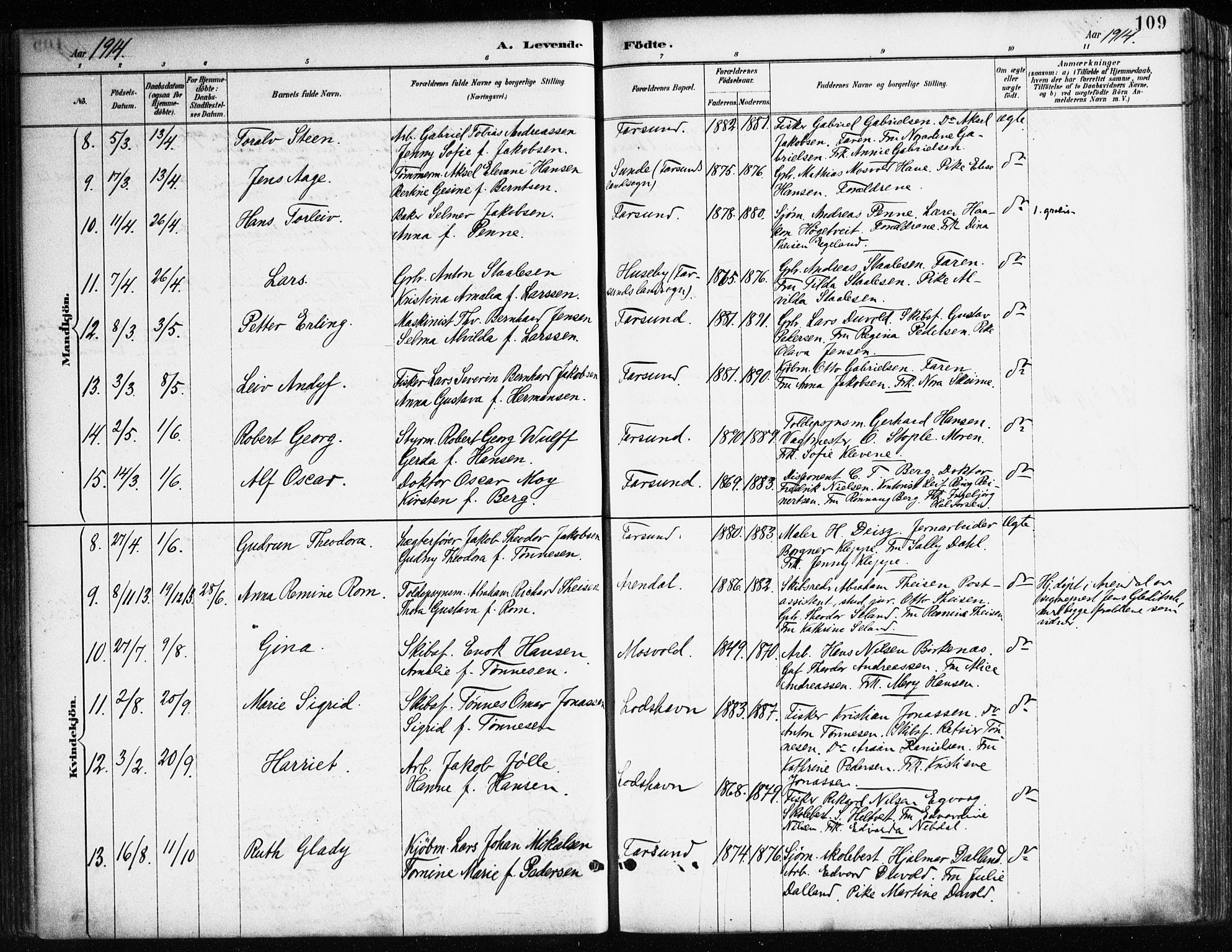 Farsund sokneprestkontor, AV/SAK-1111-0009/F/Fa/L0006: Parish register (official) no. A 6, 1887-1920, p. 109