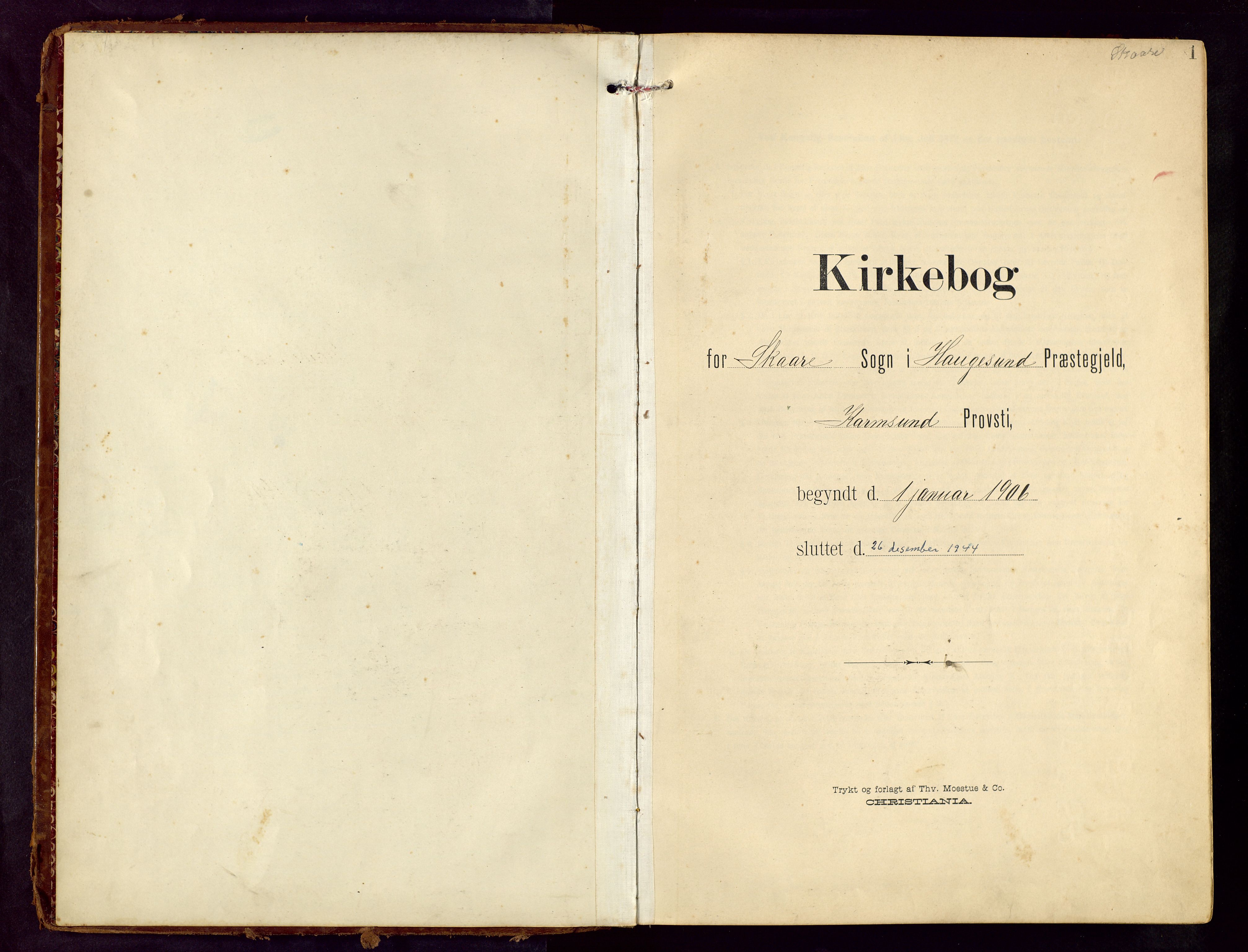 Haugesund sokneprestkontor, AV/SAST-A -101863/H/Ha/Hab/L0006: Parish register (copy) no. B 6, 1906-1944, p. 1