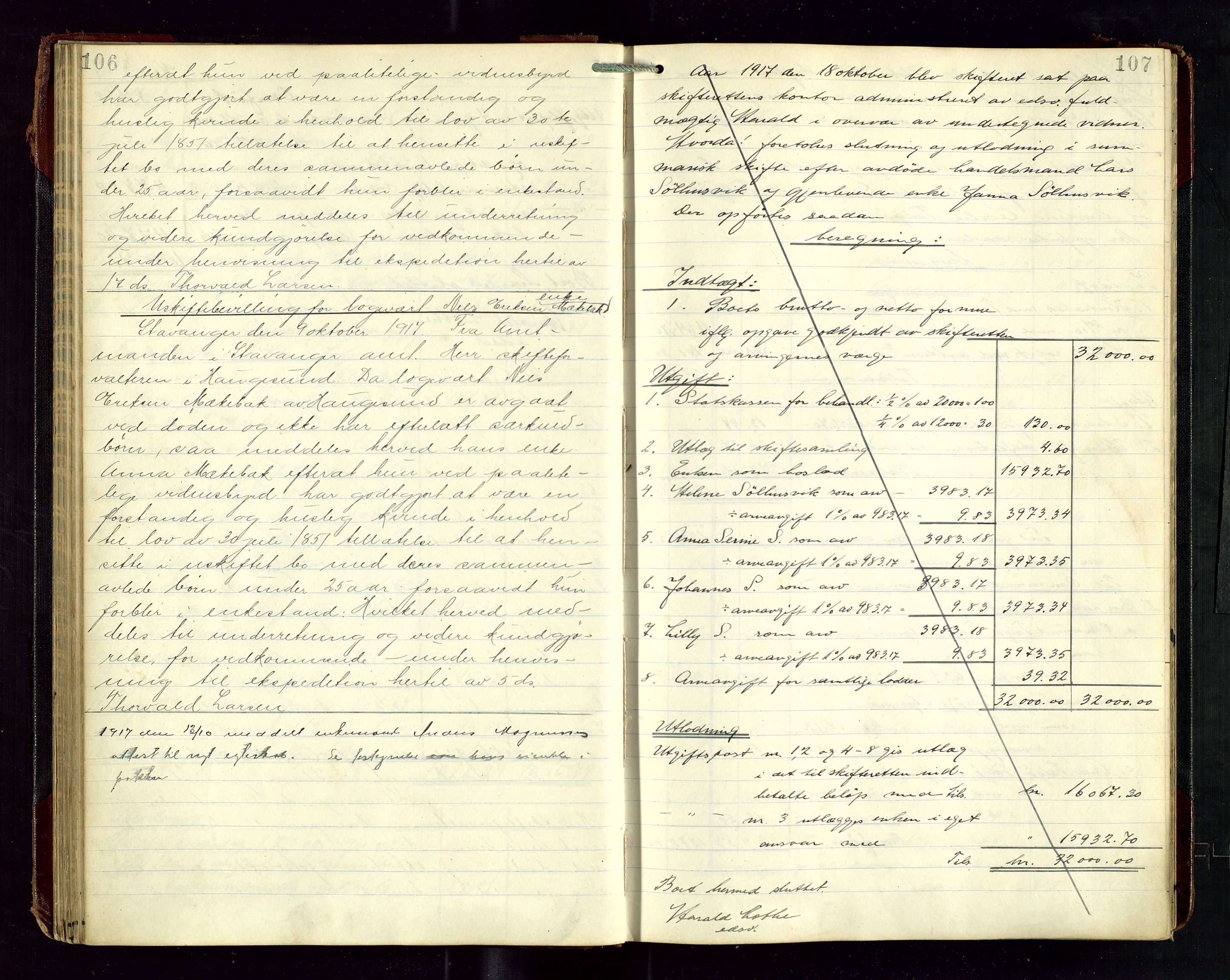 Haugesund tingrett, AV/SAST-A-101415/01/IV/IVD/L0003: Skifteutlodningsprotokoll, med register, 1915-1924, p. 106-107