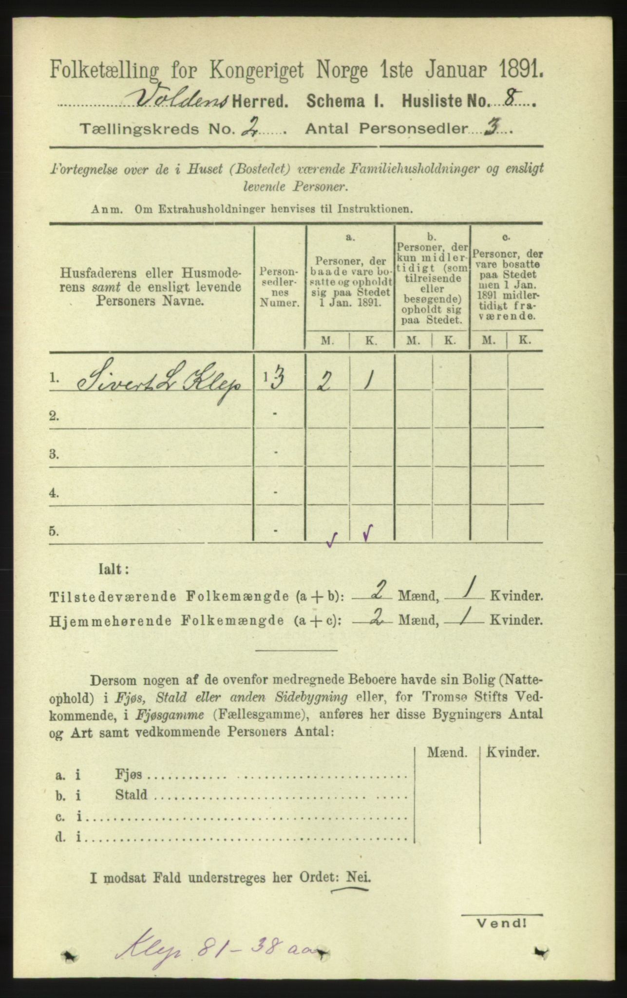 RA, 1891 census for 1519 Volda, 1891, p. 608