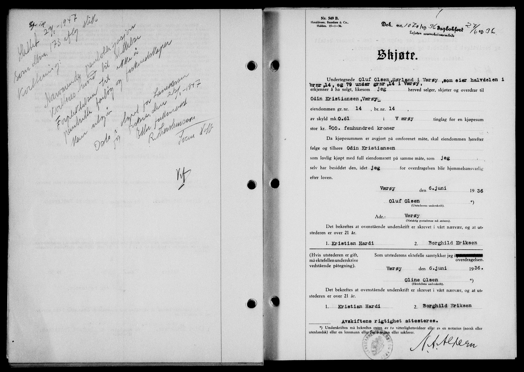 Lofoten sorenskriveri, SAT/A-0017/1/2/2C/L0033b: Mortgage book no. 33b, 1936-1936, Diary no: : 1070/1936