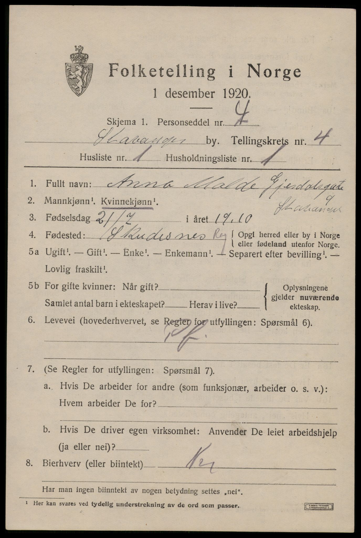 SAST, 1920 census for Stavanger, 1920, p. 37070