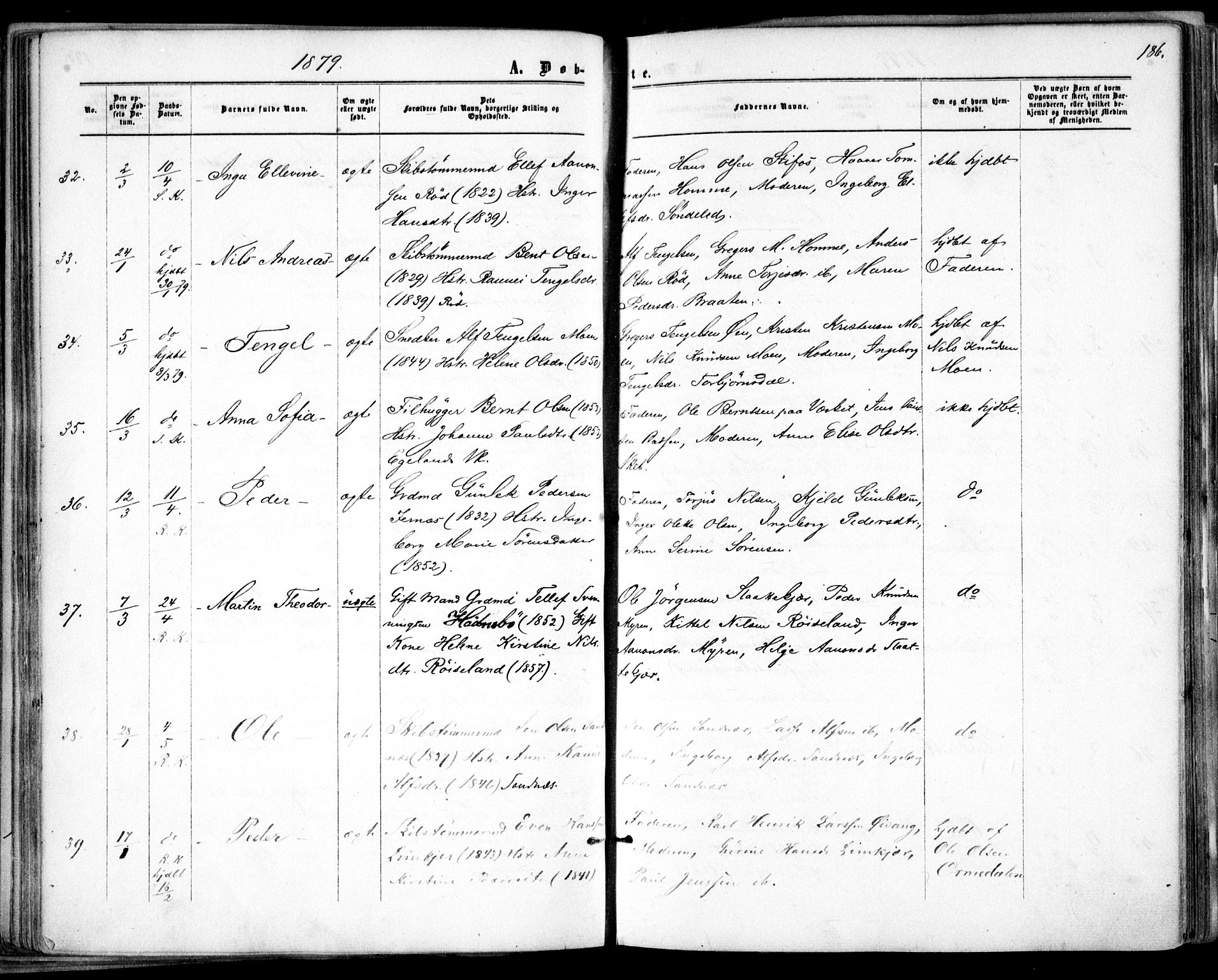 Søndeled sokneprestkontor, AV/SAK-1111-0038/F/Fa/L0003: Parish register (official) no. A 3, 1861-1879, p. 186