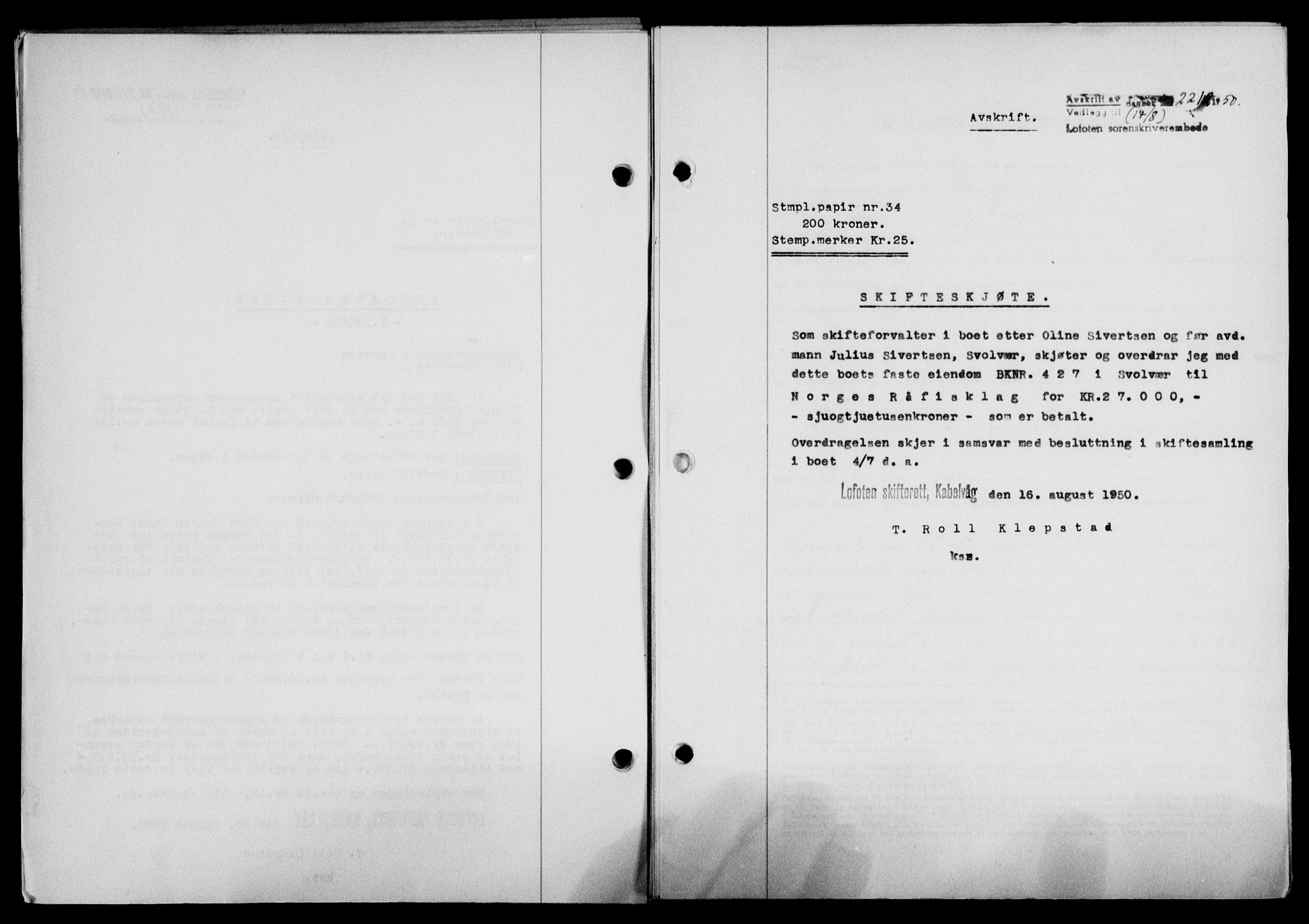 Lofoten sorenskriveri, SAT/A-0017/1/2/2C/L0024a: Mortgage book no. 24a, 1950-1950, Diary no: : 2212/1950