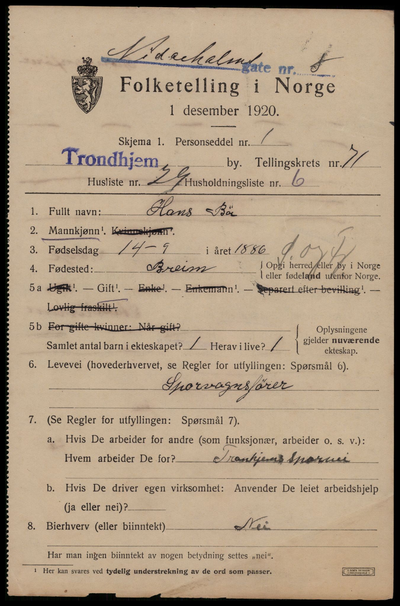 SAT, 1920 census for Trondheim, 1920, p. 141038