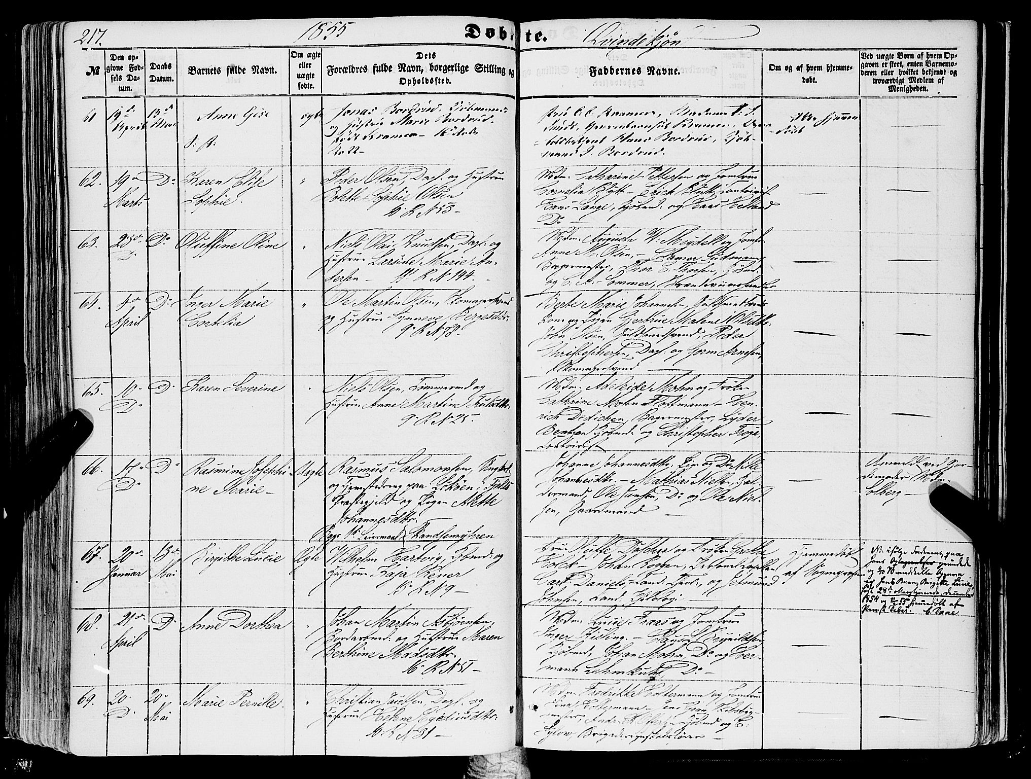 Domkirken sokneprestembete, SAB/A-74801/H/Haa/L0020: Parish register (official) no. B 3, 1851-1859, p. 217