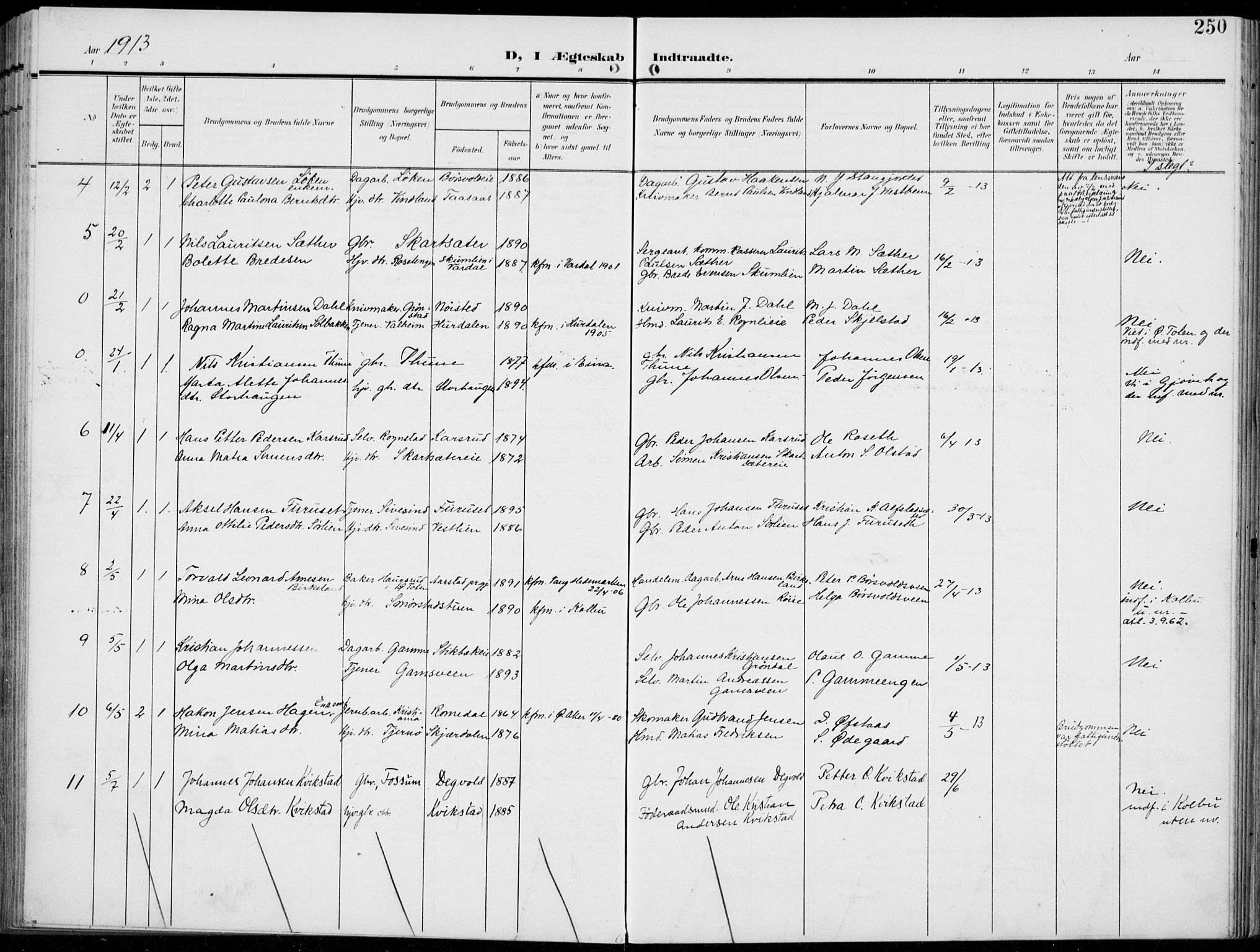 Vestre Toten prestekontor, AV/SAH-PREST-108/H/Ha/Haa/L0014: Parish register (official) no. 14, 1907-1920, p. 250